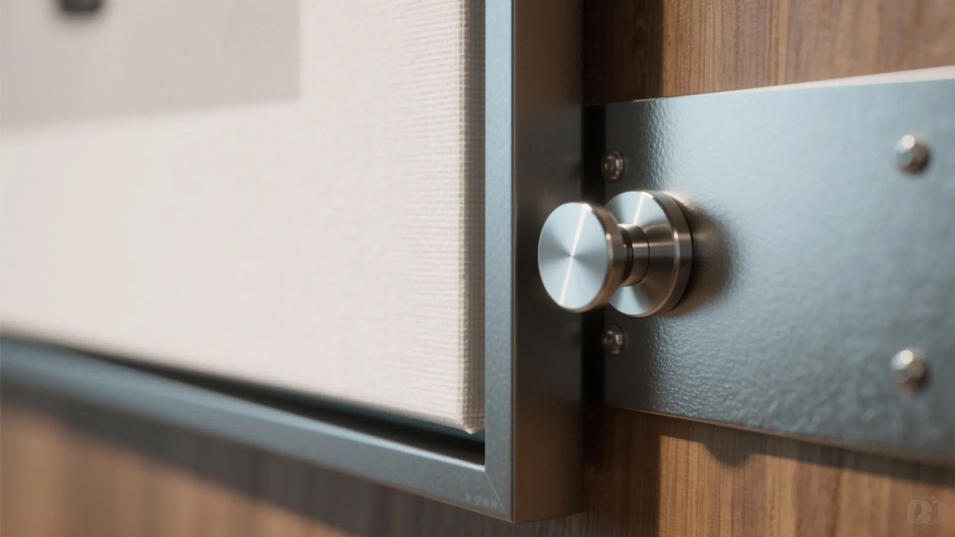 Close up view of a silver metal knob used for mounting art on wooden walls