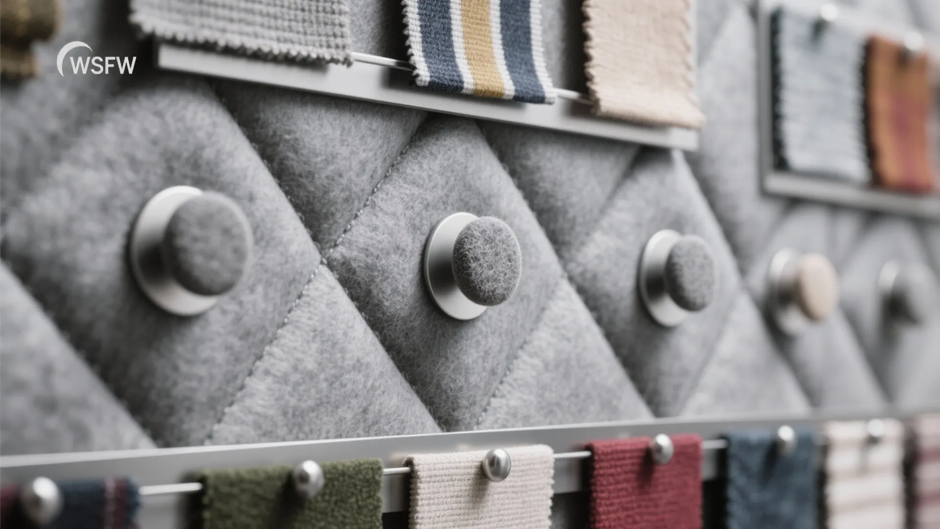 Close up of grey padded wall panel with round metal buttons and colorful fabric sample strips