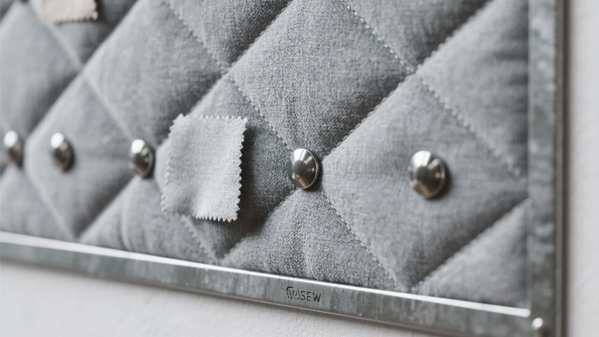 Macro of gray flannel quilt design wall board with fabric swatches held by small magnets over a steel backing.