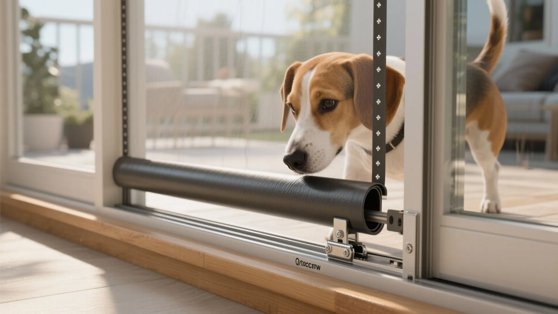 Beagle dog looking at black magnetic roller flap installed on a modern sliding glass door
