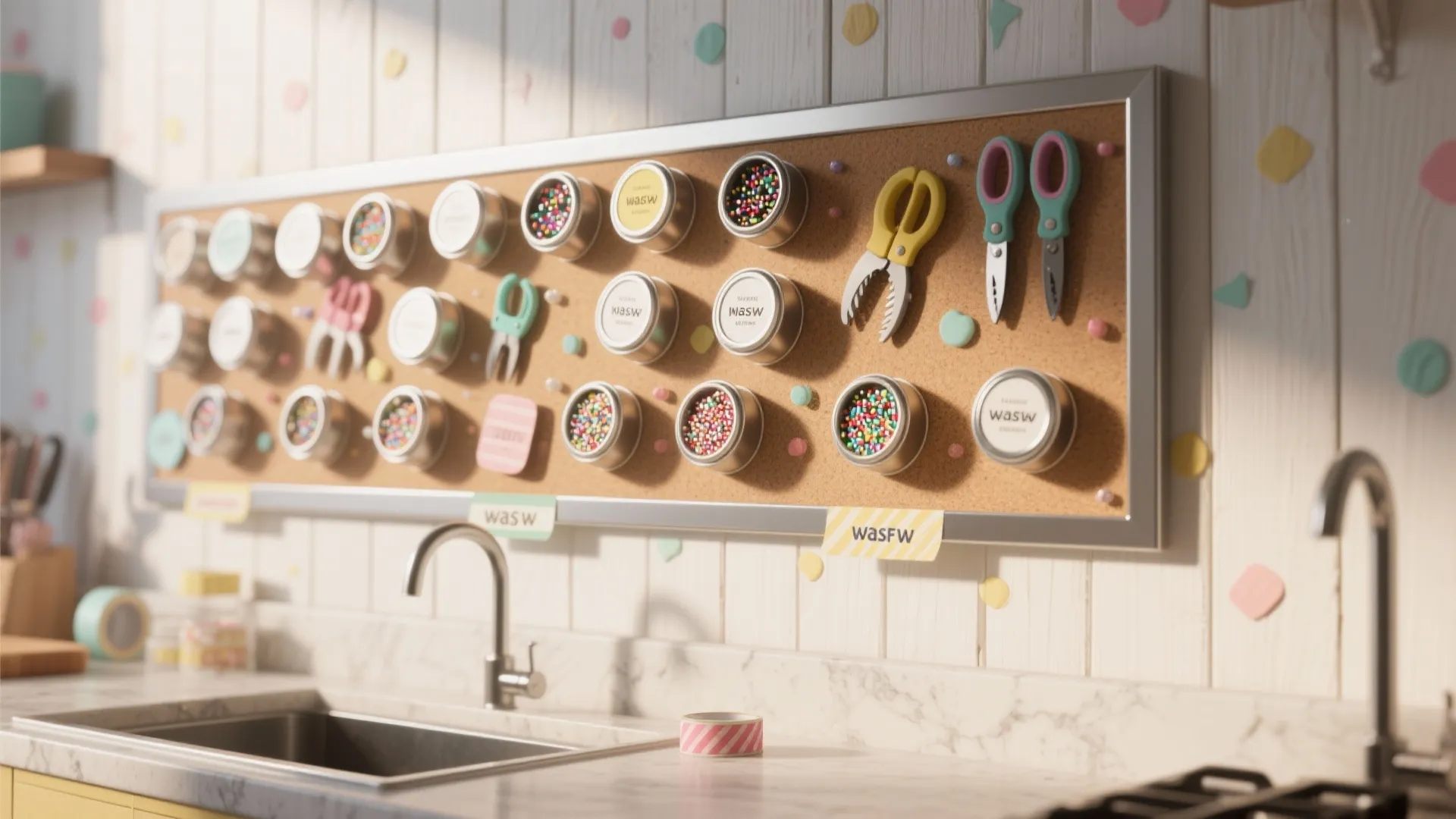 Wall mounted cork board holding small round metal spice containers and scissors above kitchen sink