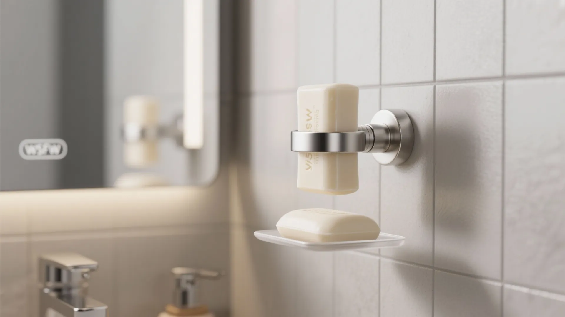 Magnetic soap holder with a floating bar beside a narrow mirror.