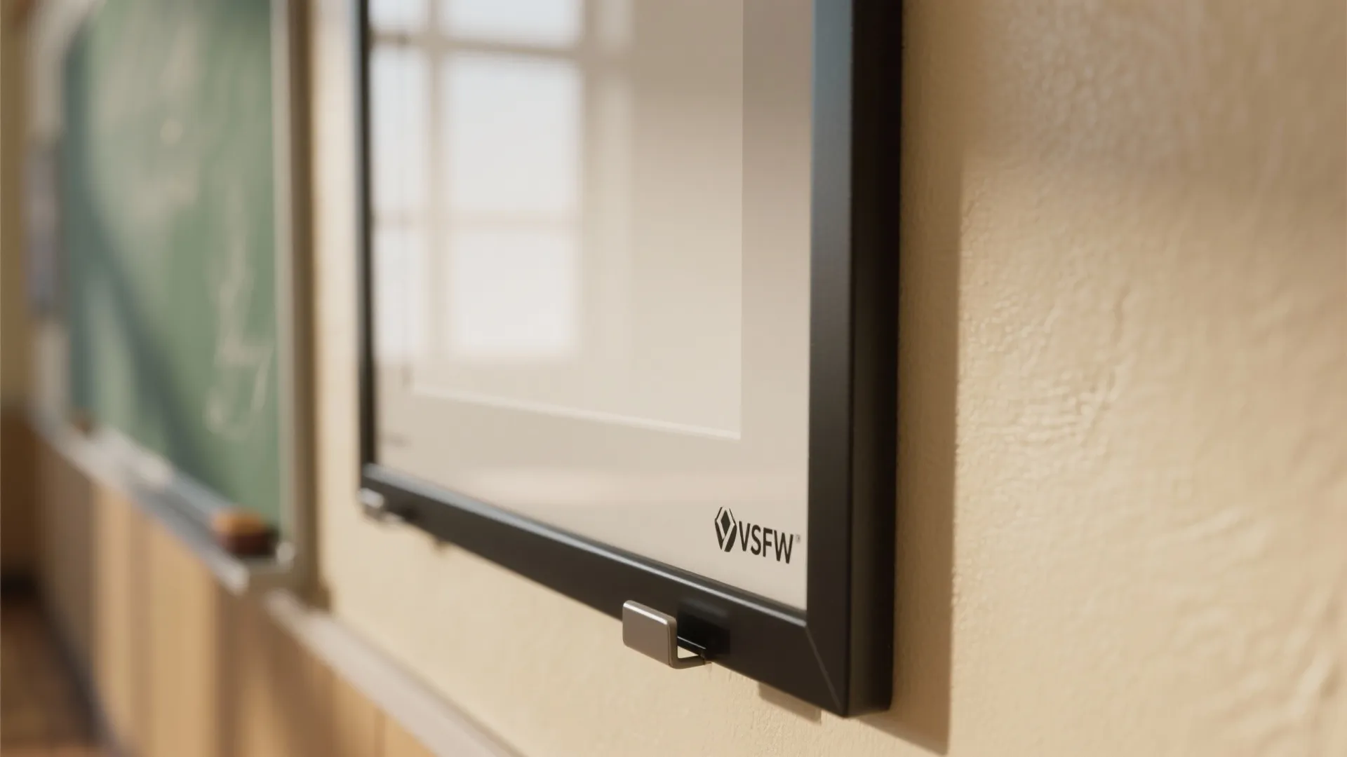 Close up view of a black magnetic picture frame hanging on a beige painted wall