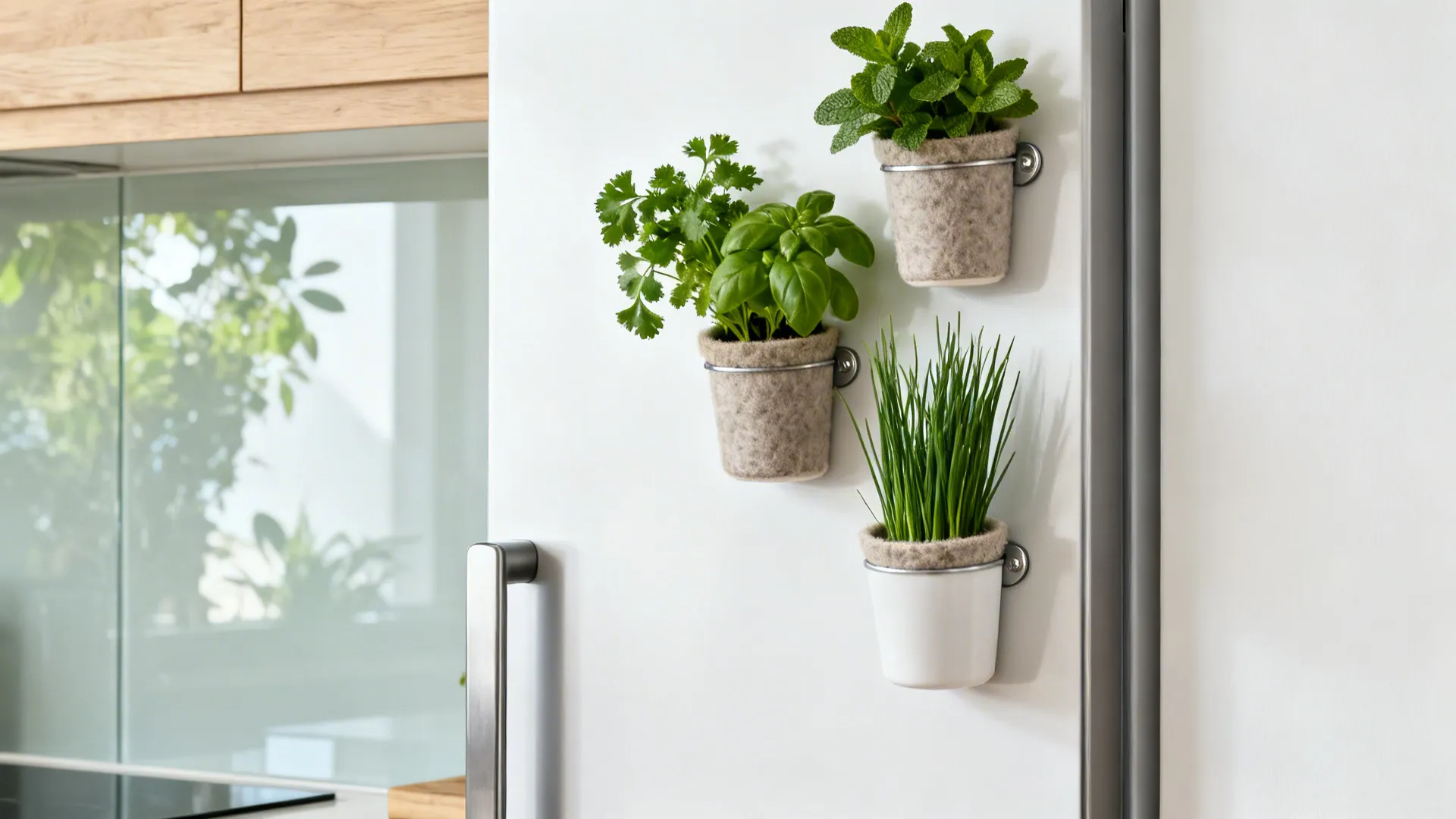 Three small green herb plants in grey fabric pots attached to a white refrigerator door surface