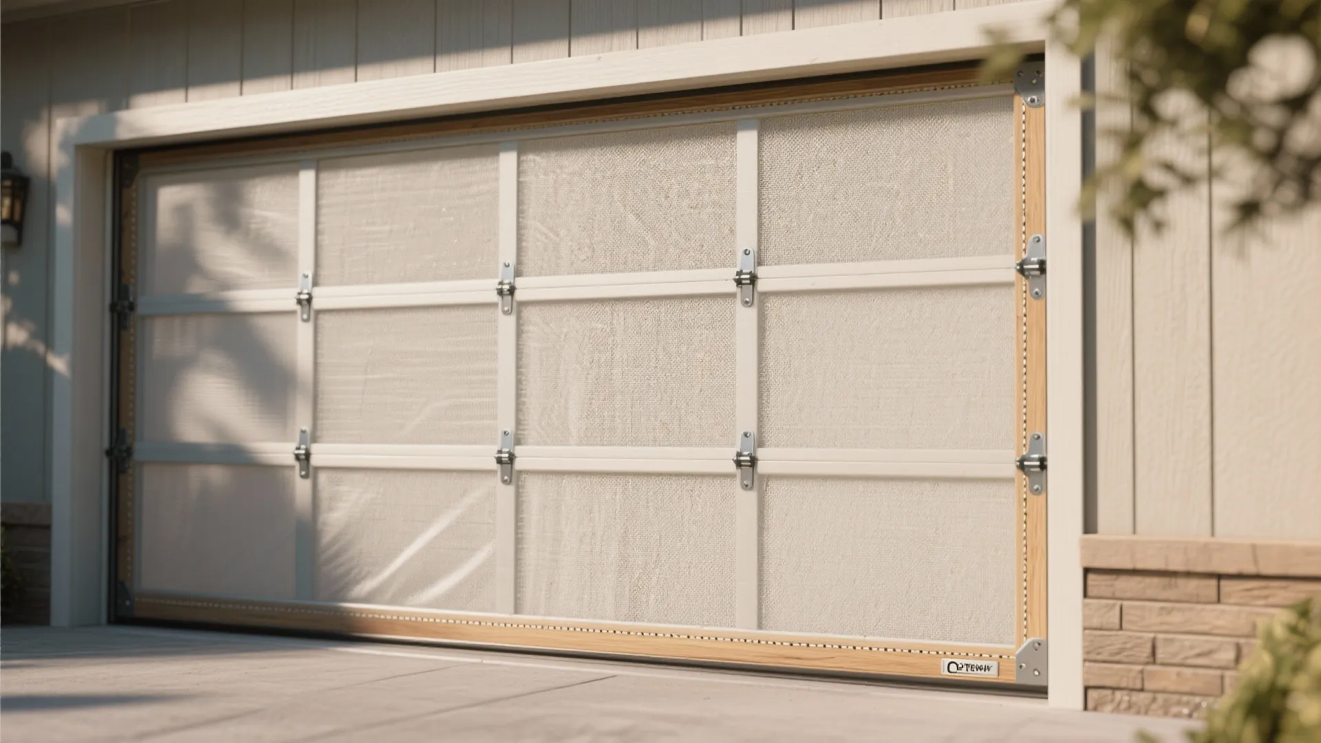 Magnetic garage door screen with white frame and beige mesh installed on a modern house