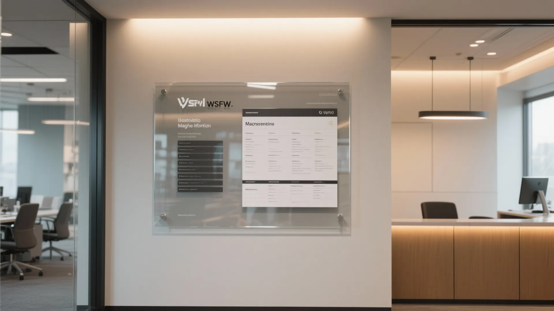 Clear glass board on white wall in modern office with desk and a ceiling light