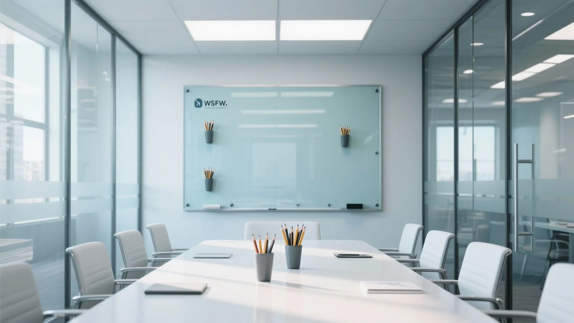 Modern office meeting room with glass board on wall and long white table with chairs