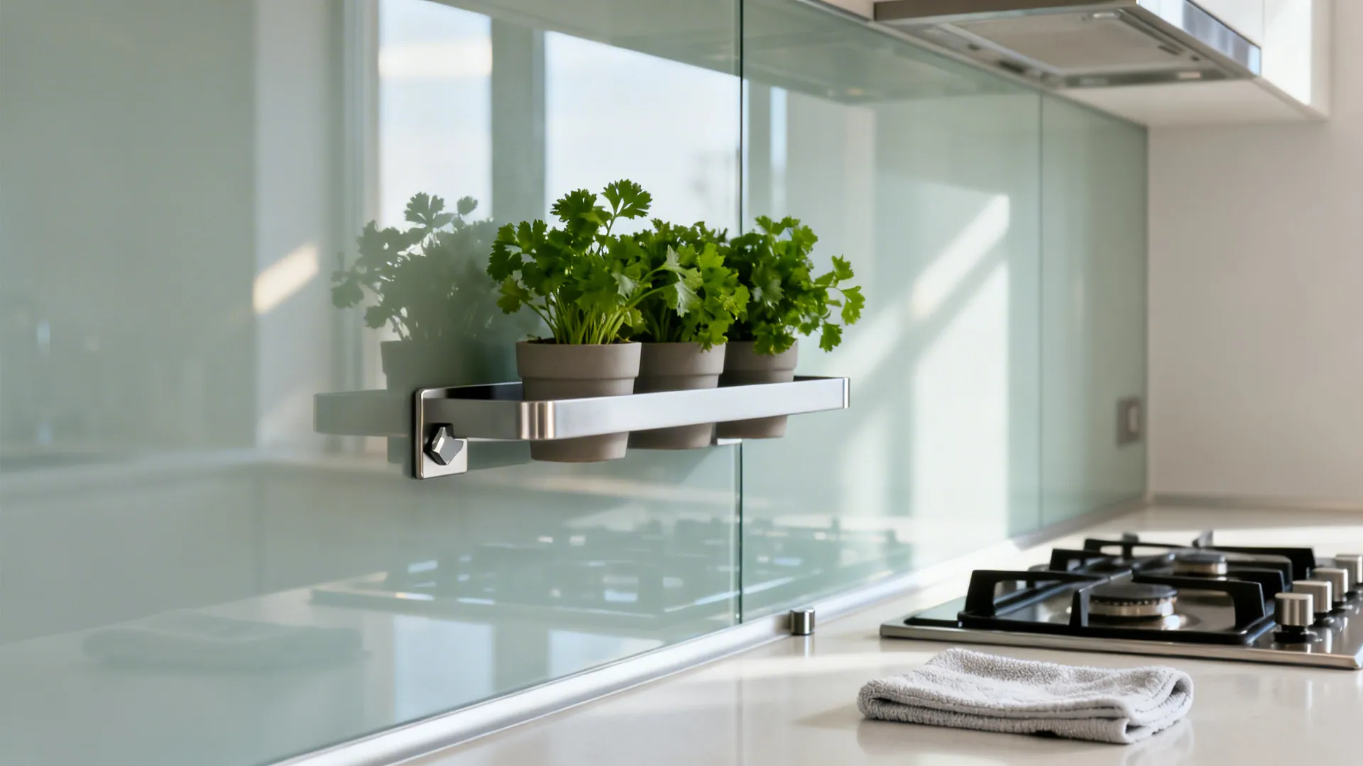 Slim magnetic ledge on a glass backsplash supporting low-profile herb pots with safe clearance from the cooktop.
