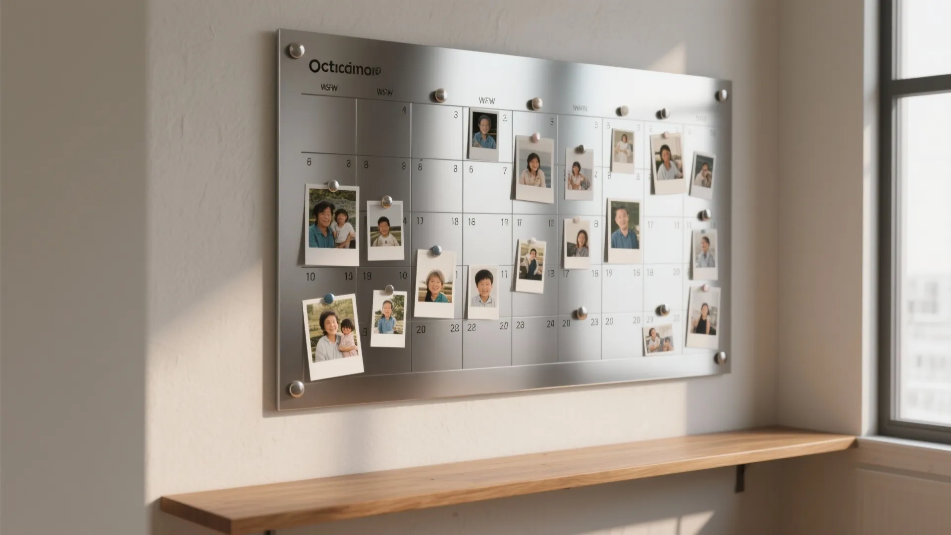 Magnetic photo calendar on a thin metal backing with family photos and date tiles on a neutral wall.