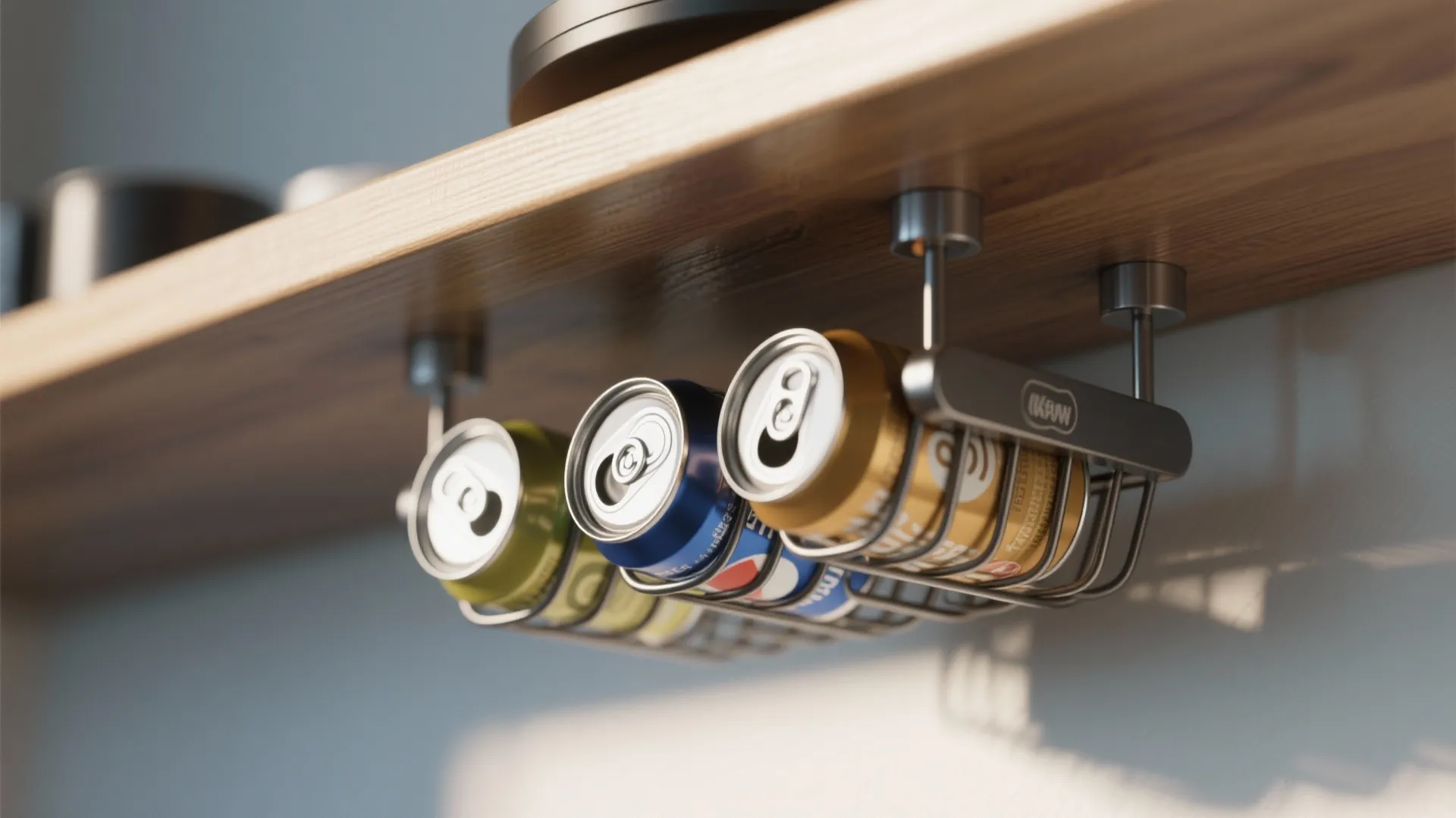 Magnetic storage rack holding three soda cans under a wooden shelf for kitchen space saving