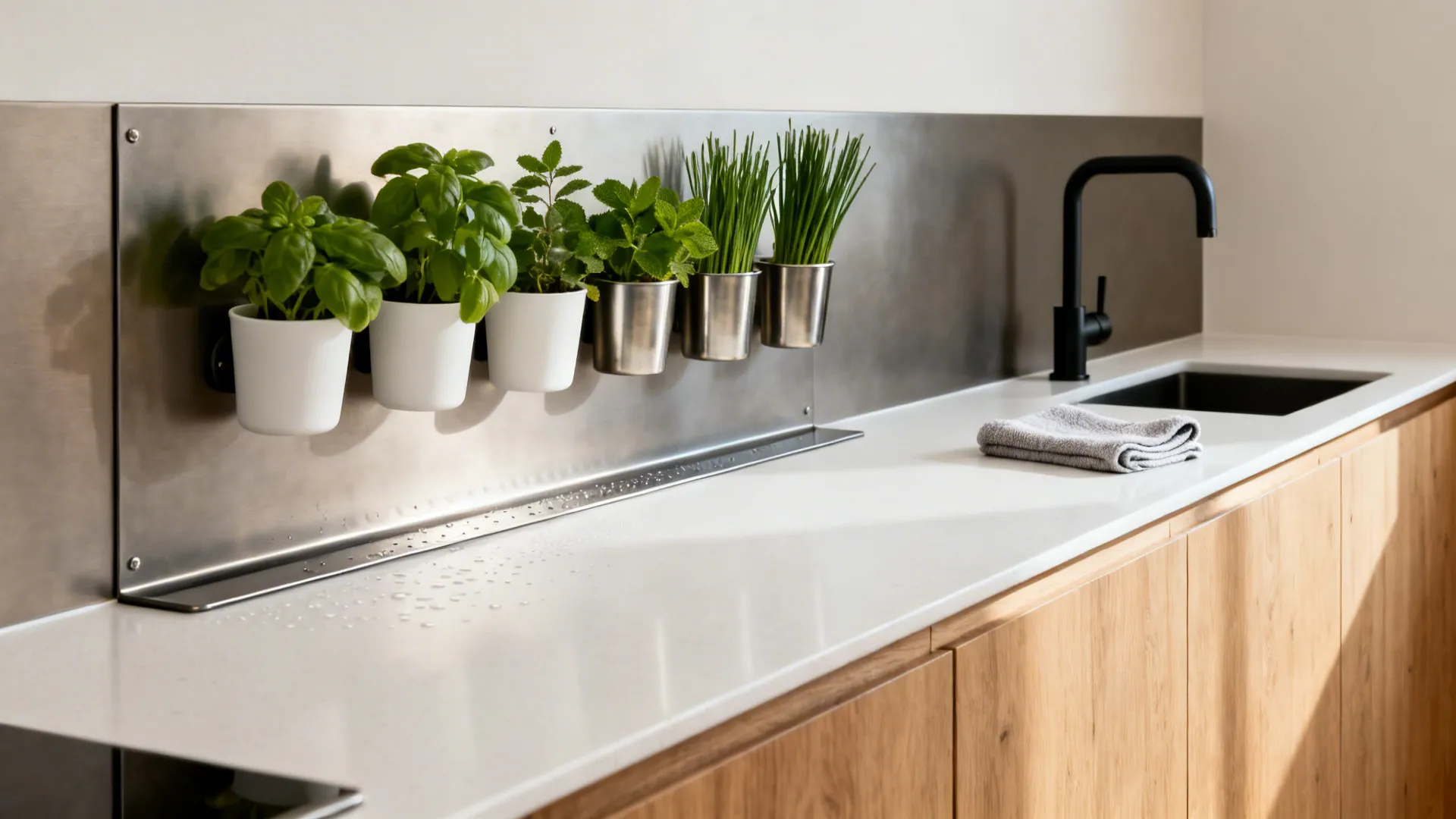 Magnetic herb planters on a slim steel backboard above a compact kitchen counter.