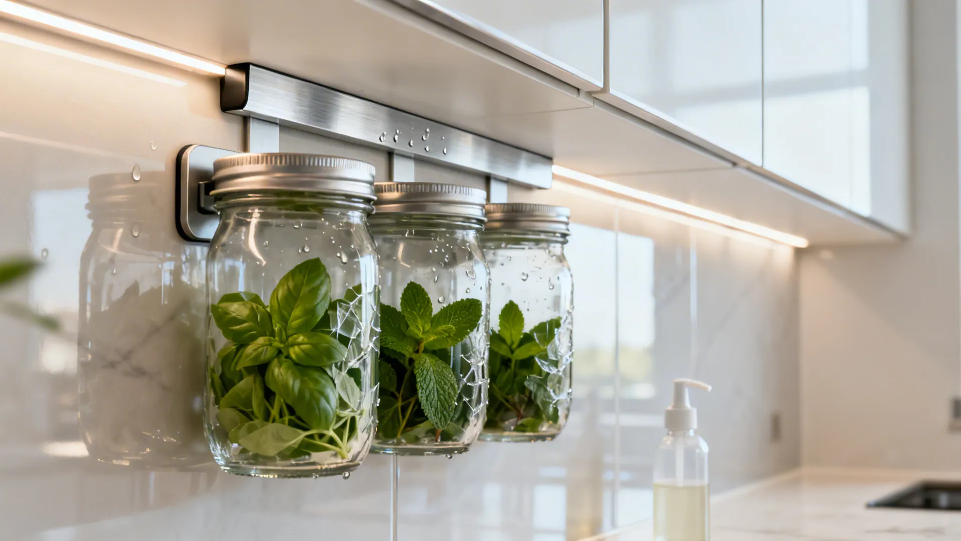 Magnetic herb jars mounted under cabinets keep basil and mint above the countertop.