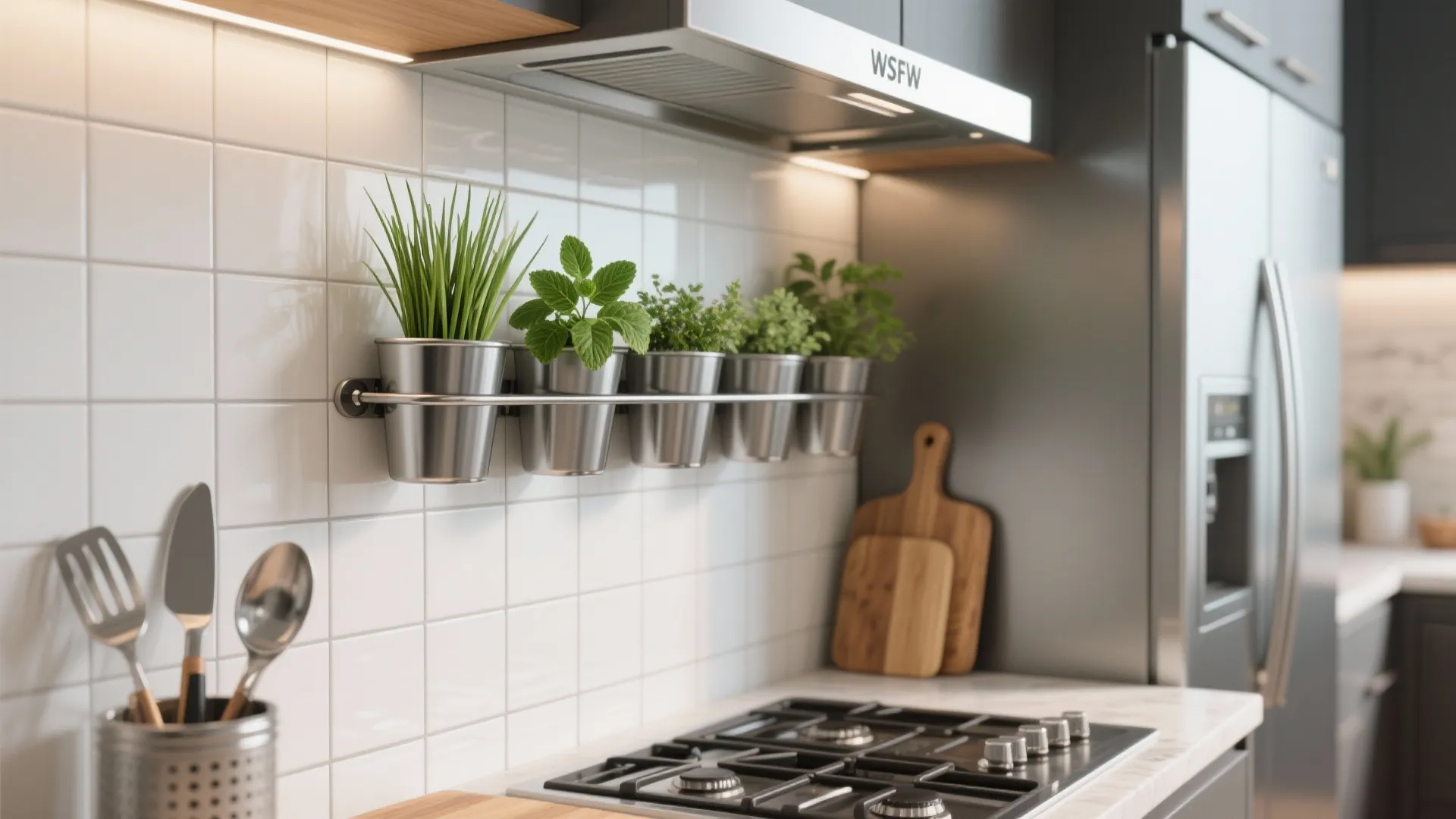 Metal rail holding small herb pots on a white tiled kitchen wall above a black stove