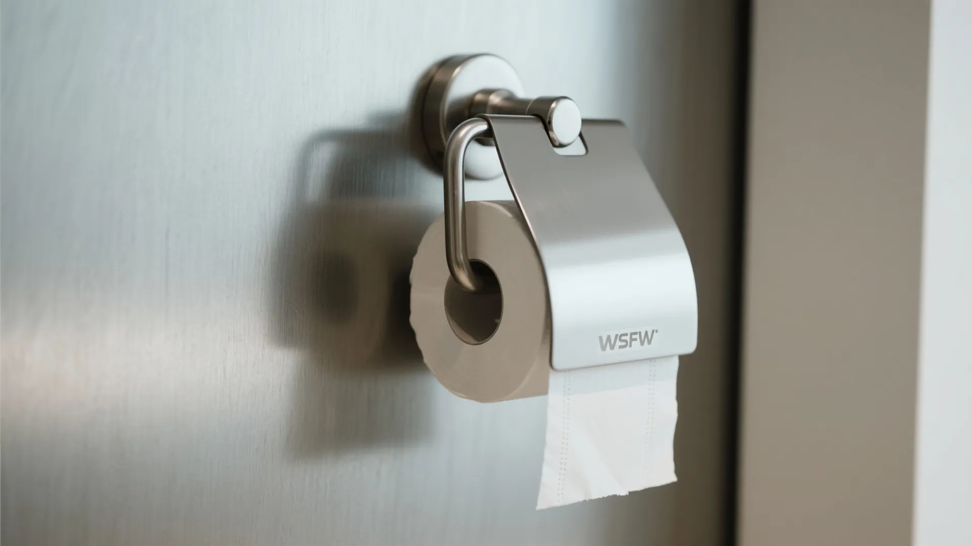 Modern silver metal toilet paper holder mounted on grey wall with roll of white paper