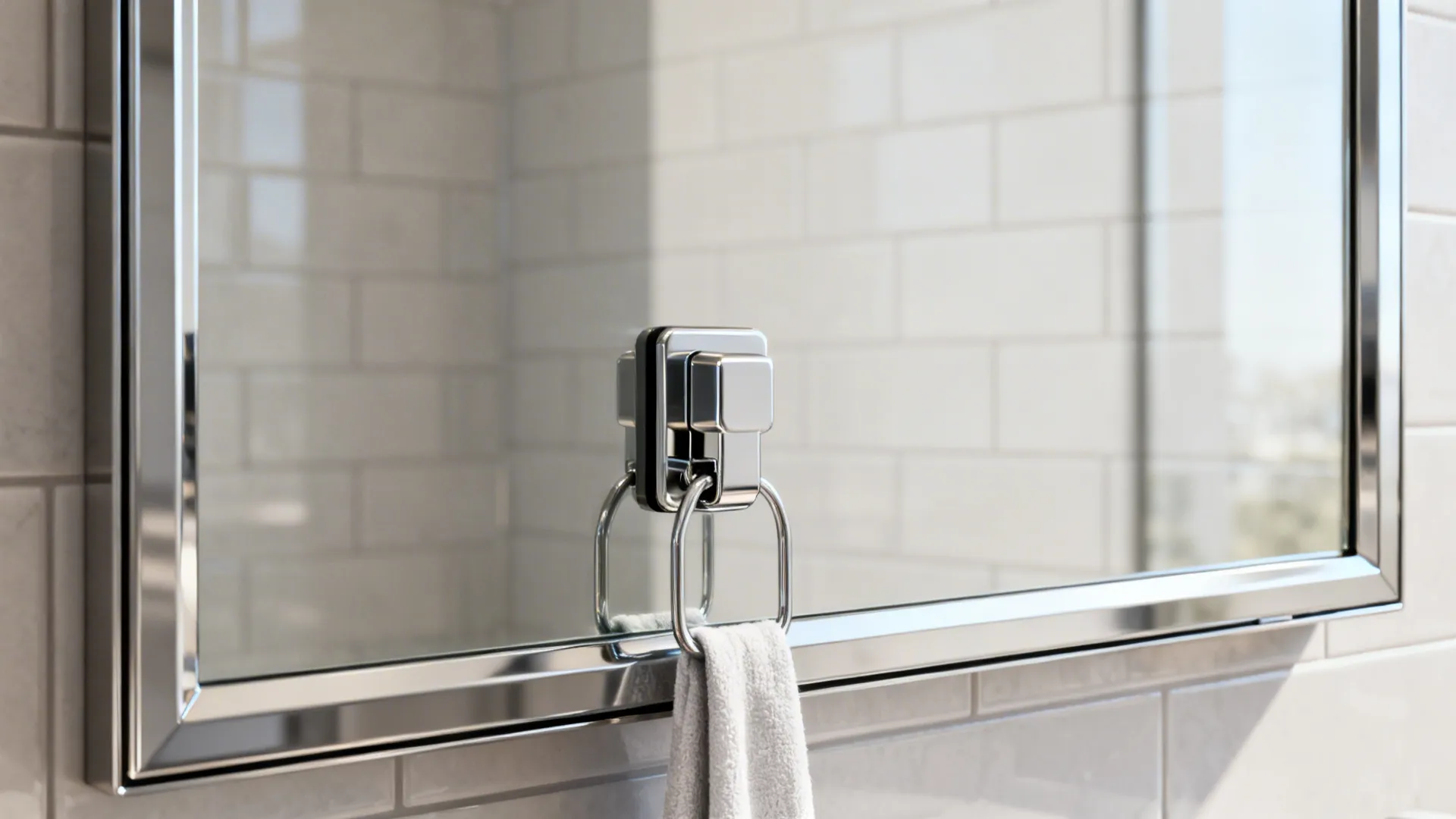 Silver magnetic towel holder attached to bathroom mirror reflecting white subway tiles with white towel