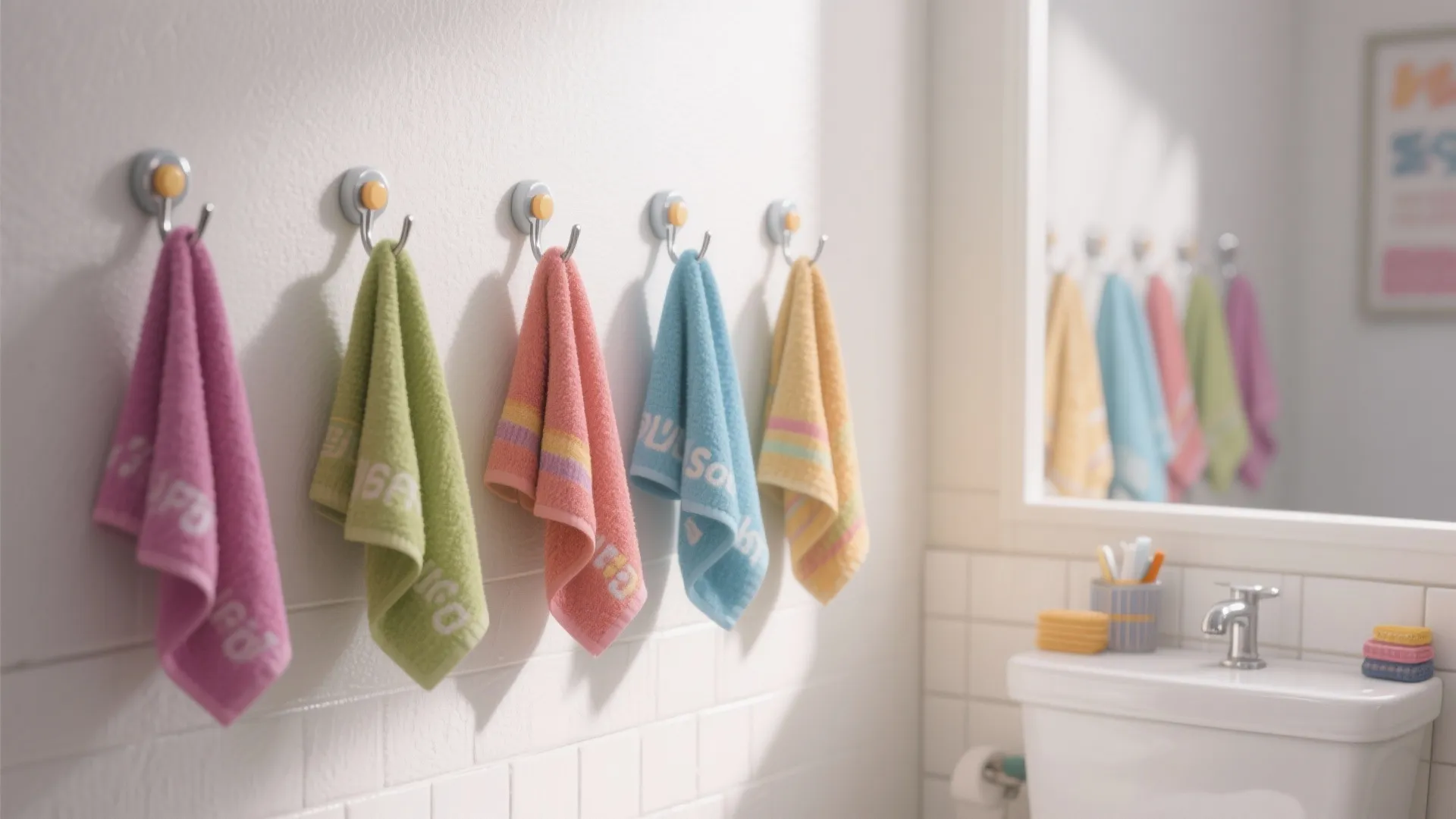 Five colorful small hand towels hanging on round wall hooks next to a white bathroom sink