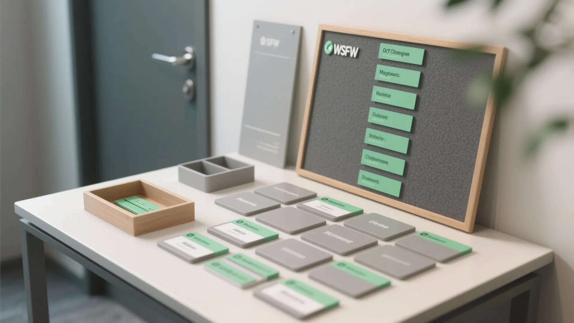 Desk with storage boxes and labels placed next to a framed dark gray display board