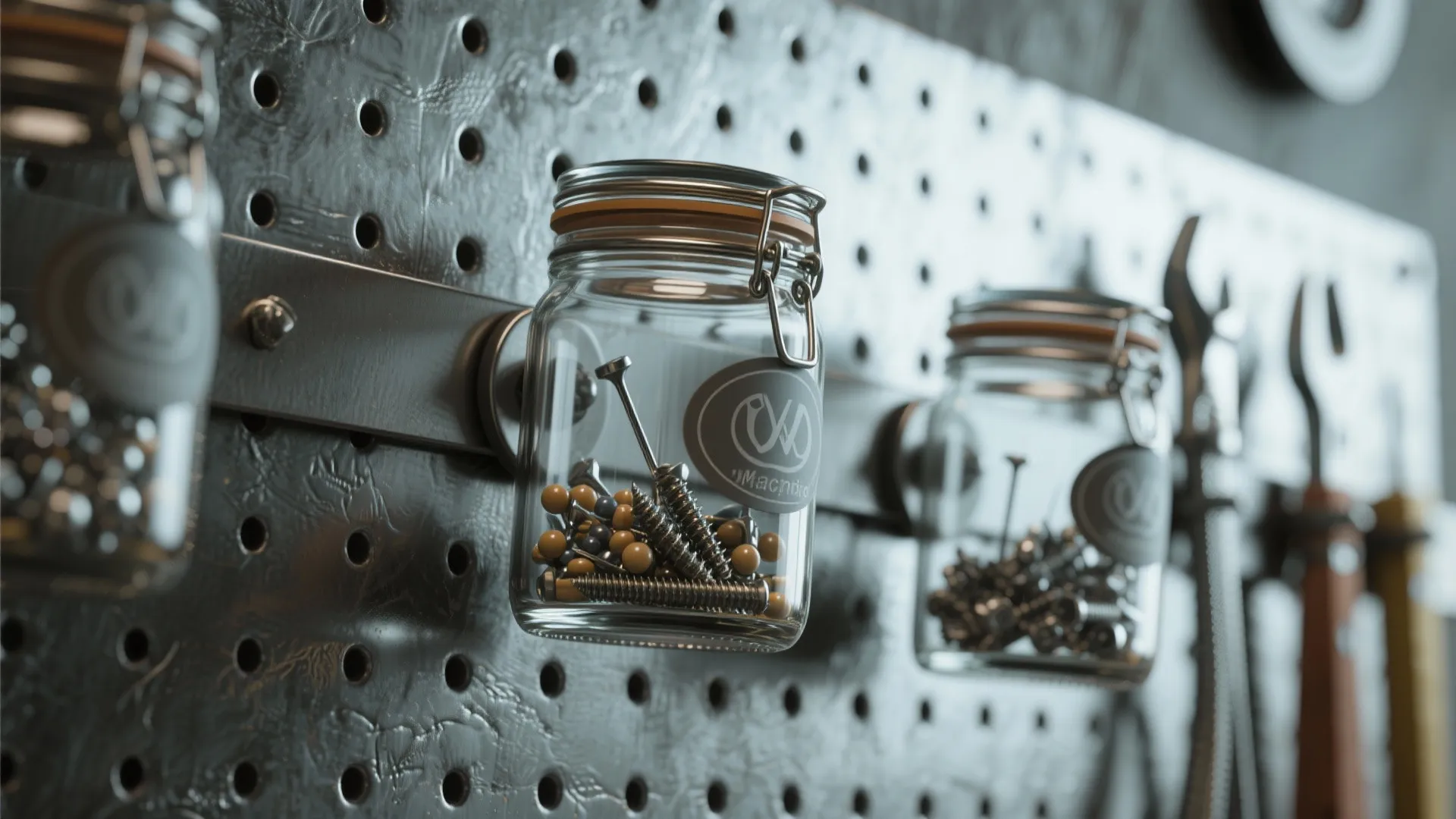 Close up view of glass jars containing screws attached to a magnetic metal pegboard wall