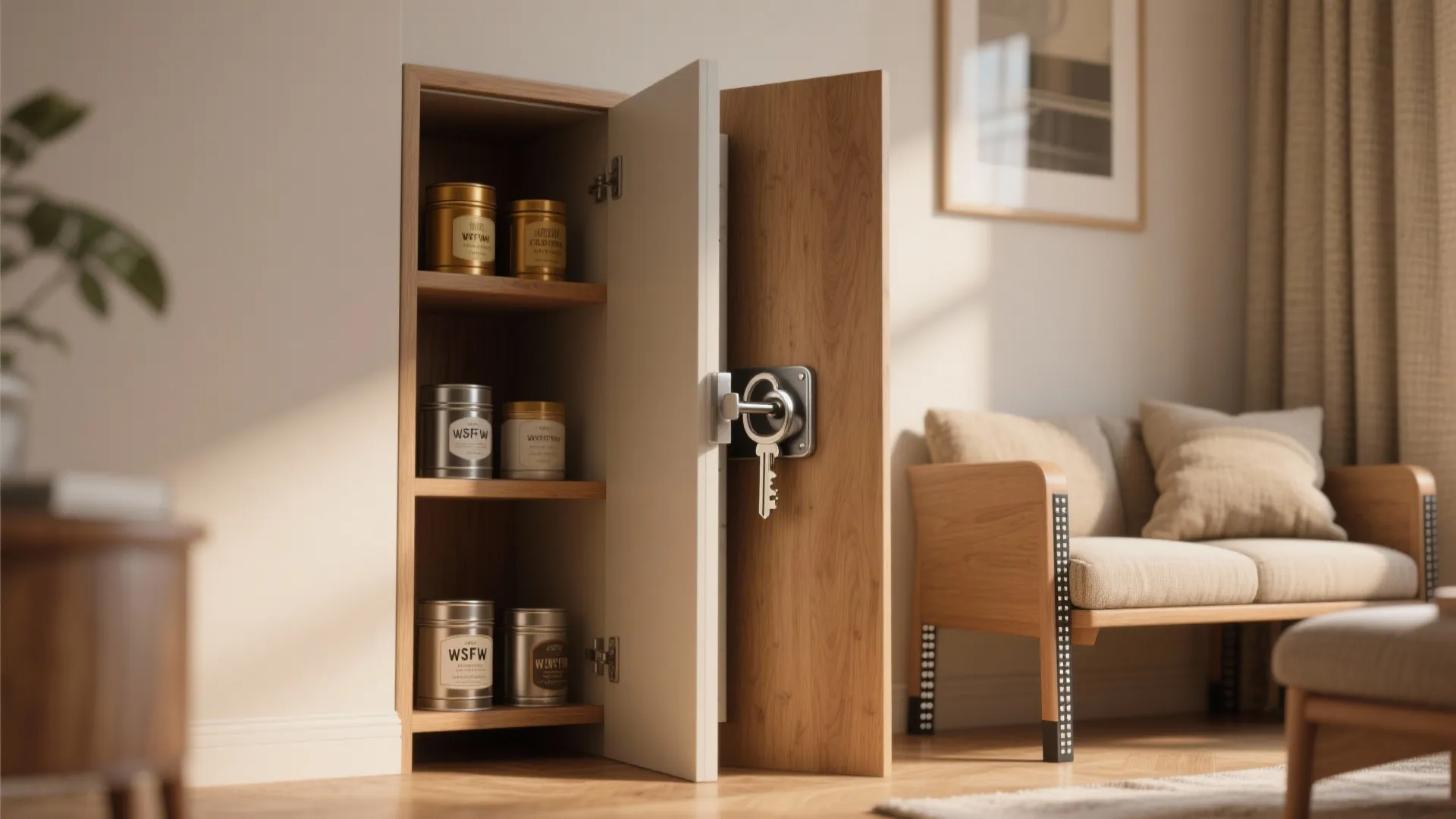 Vertical shelving and panels used to hide metal keys with magnets in a compact escape room setup.
