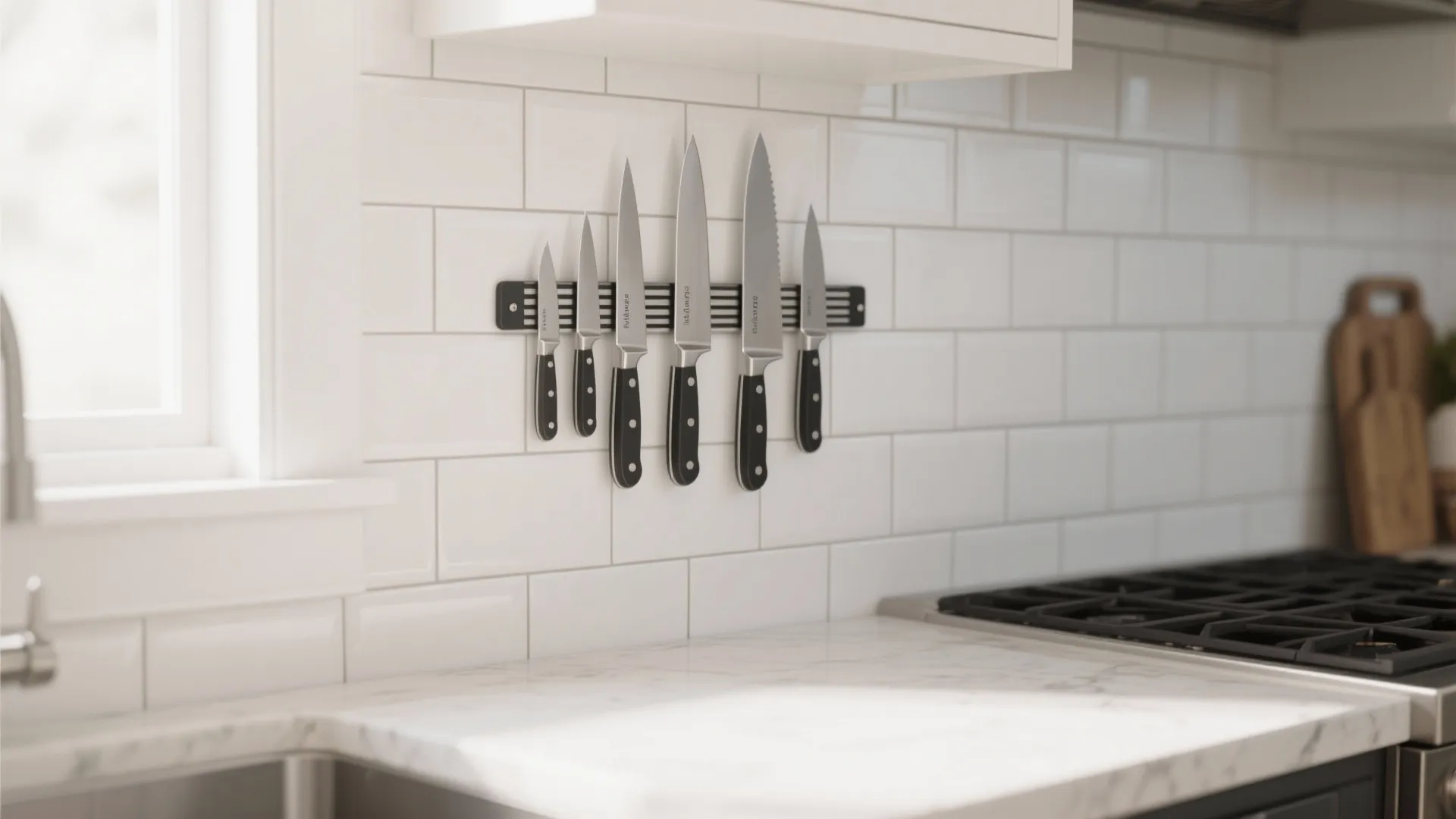 Magnetic knife holder on white tiled wall with various kitchen knives above a marble countertop