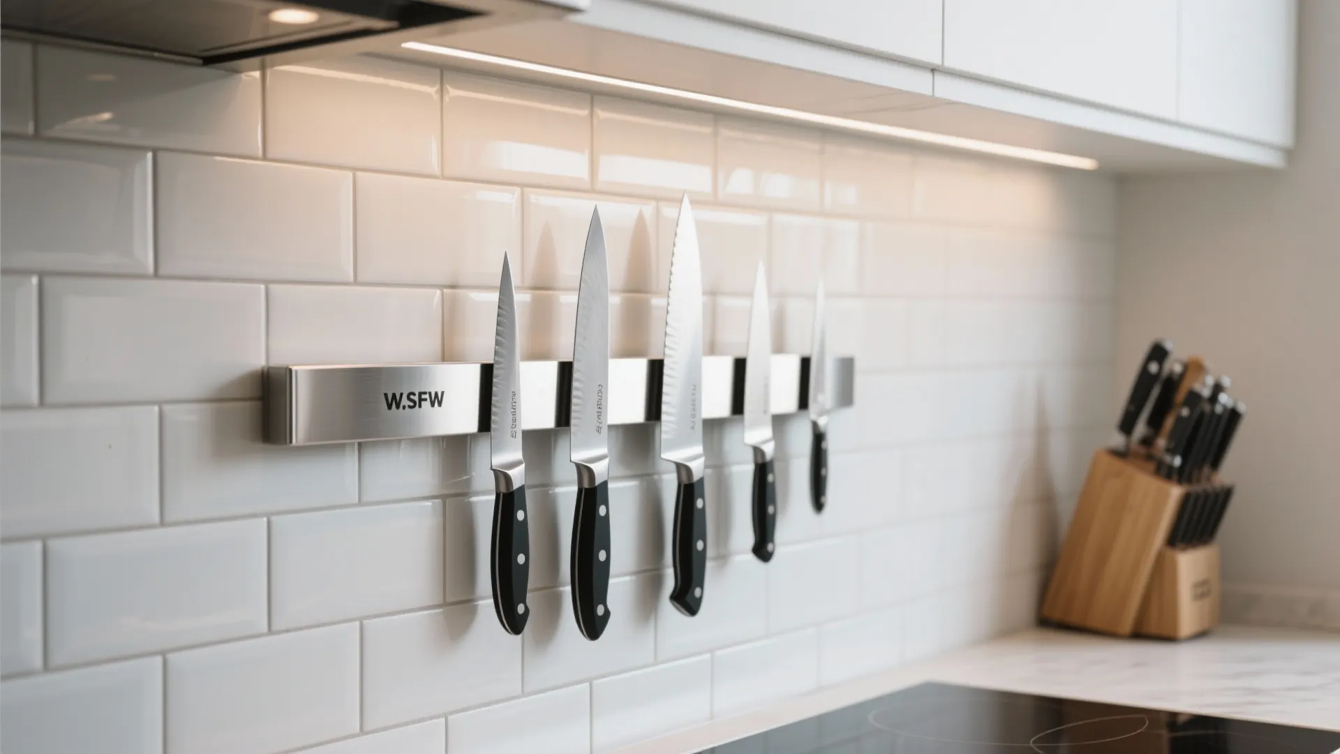 Stainless steel magnetic knife strip mounted on white tile wall with professional kitchen knives set