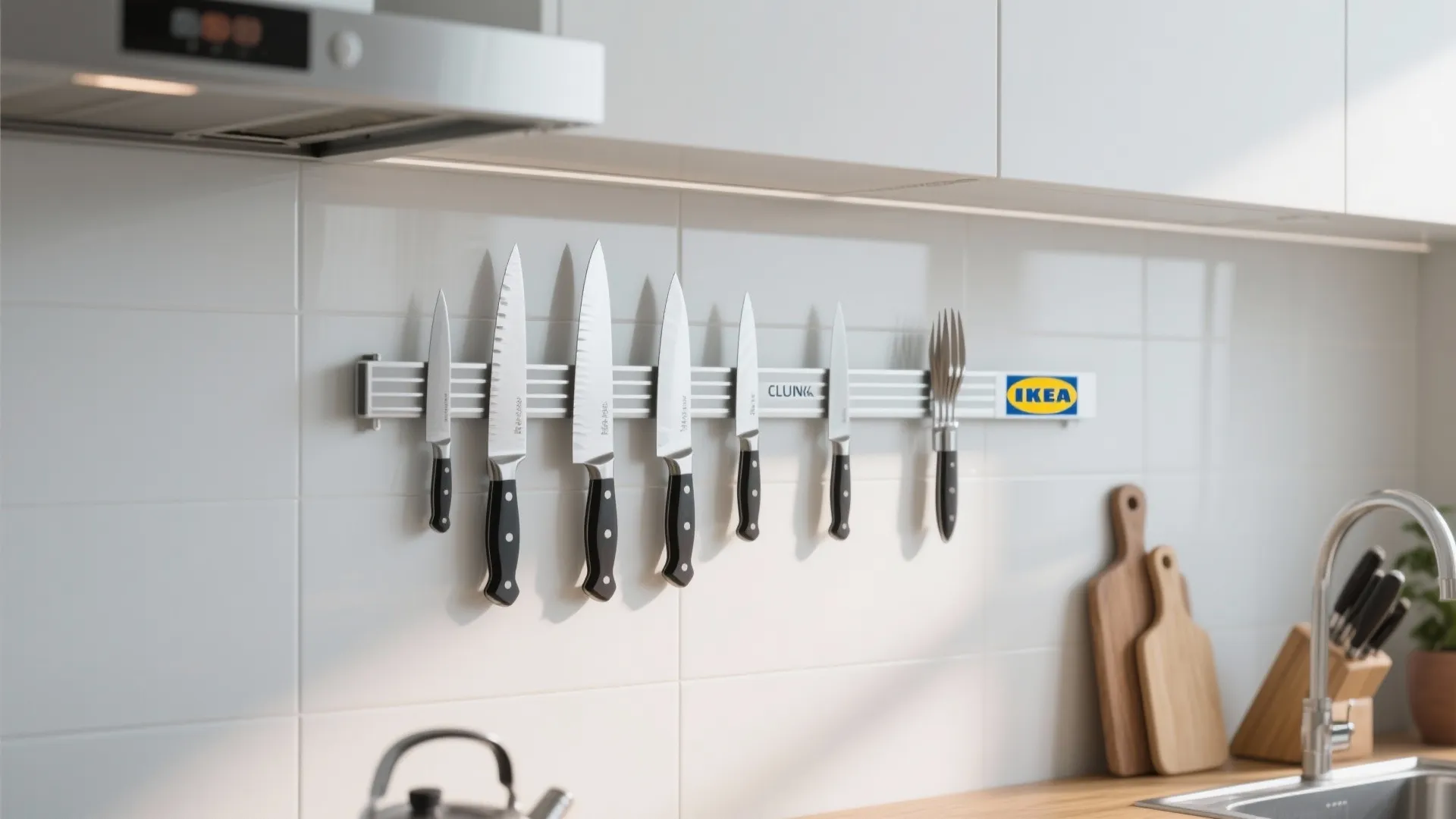 Magnetic knife holder on white wall with various kitchen knives and forks for easy storage