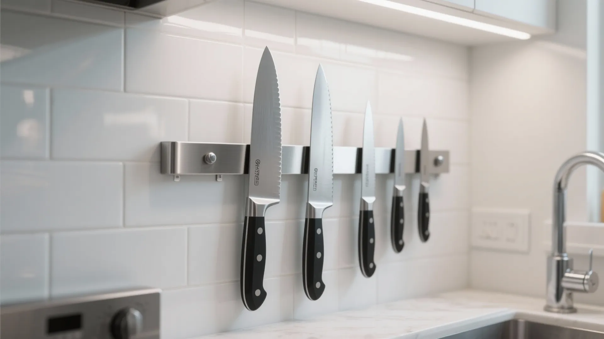 Magnetic knife strip holding kitchen knives against tiled wall