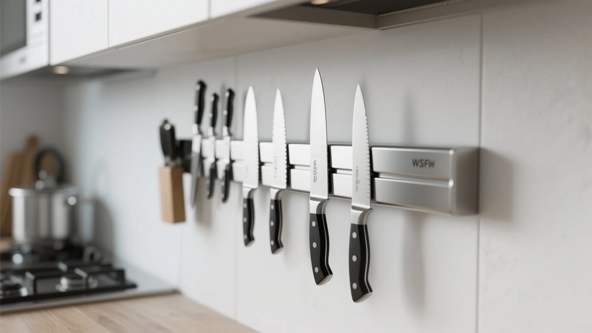Magnetic knife strip holding various kitchen knives