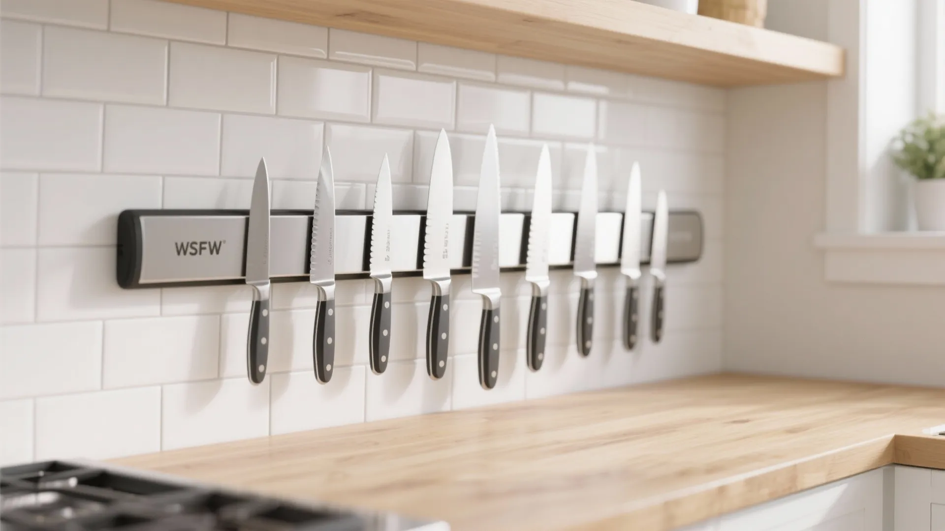Magnetic knife strip mounted on white subway tile backsplash