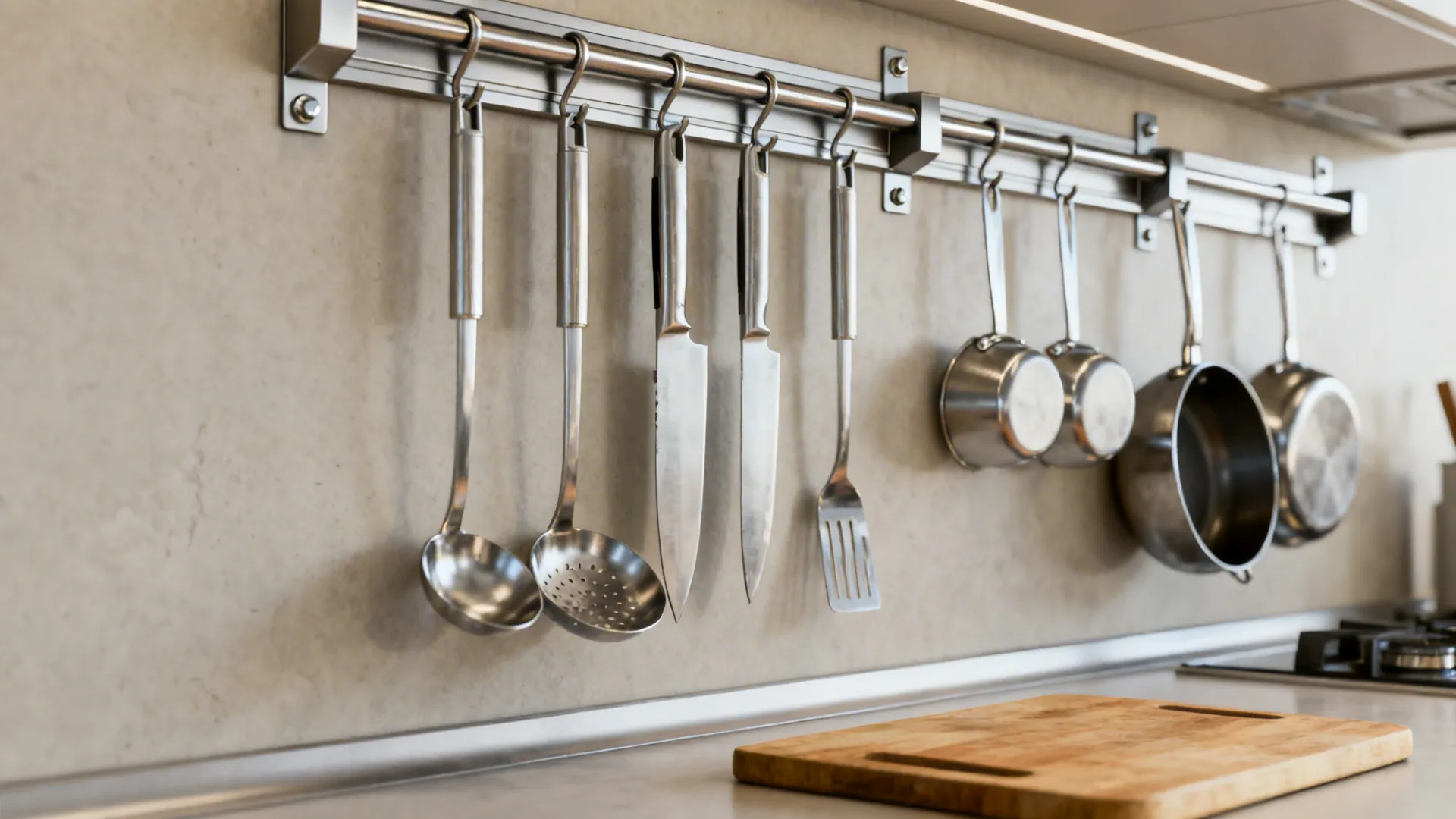 Magnetic knife strip and wall-mounted rails with hanging utensils in a small kitchen.