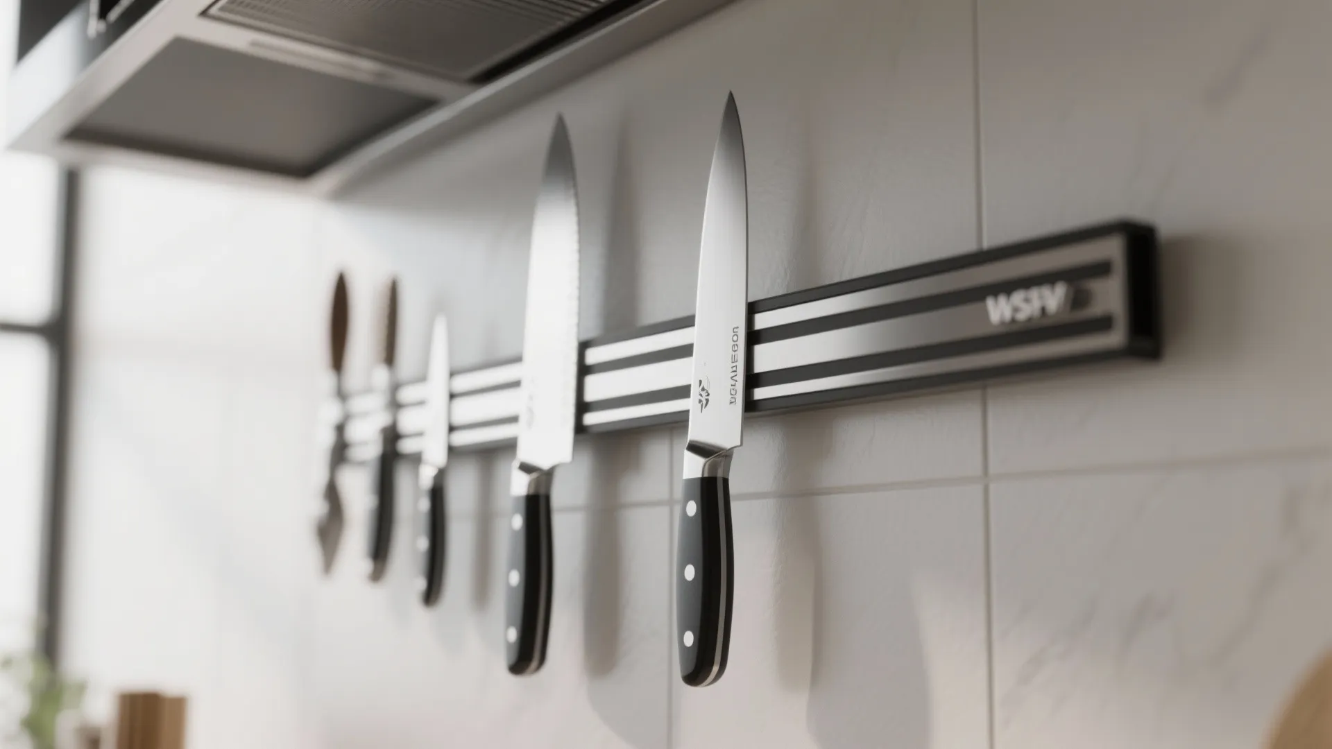 Black magnetic knife strip holding several metal kitchen knives on a white marble tiled kitchen wall