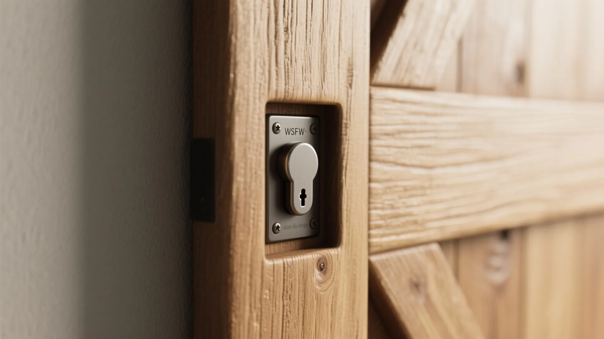 Close-up of a recessed magnetic latch pocket on a barn door showing flush fit and wood grain