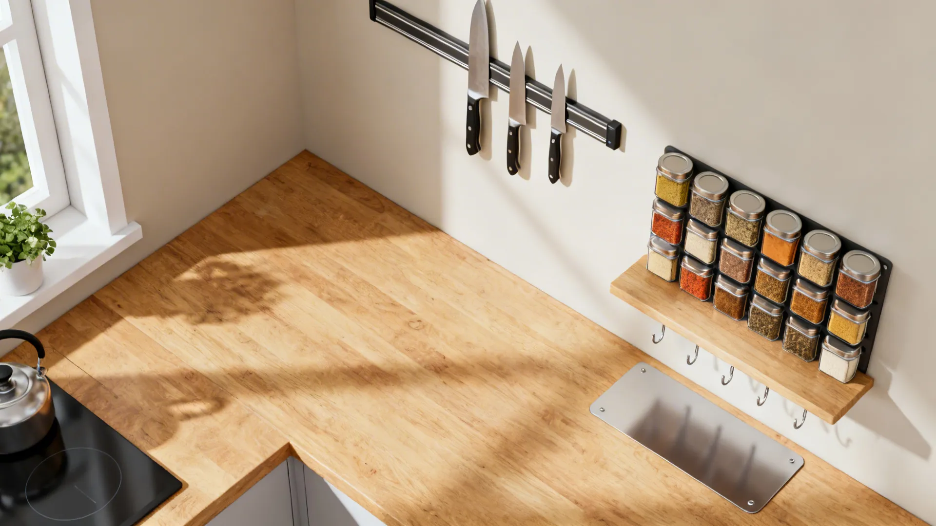Kitchen corner with wooden countertop magnetic knife rack spice jars and bright natural window sunlight