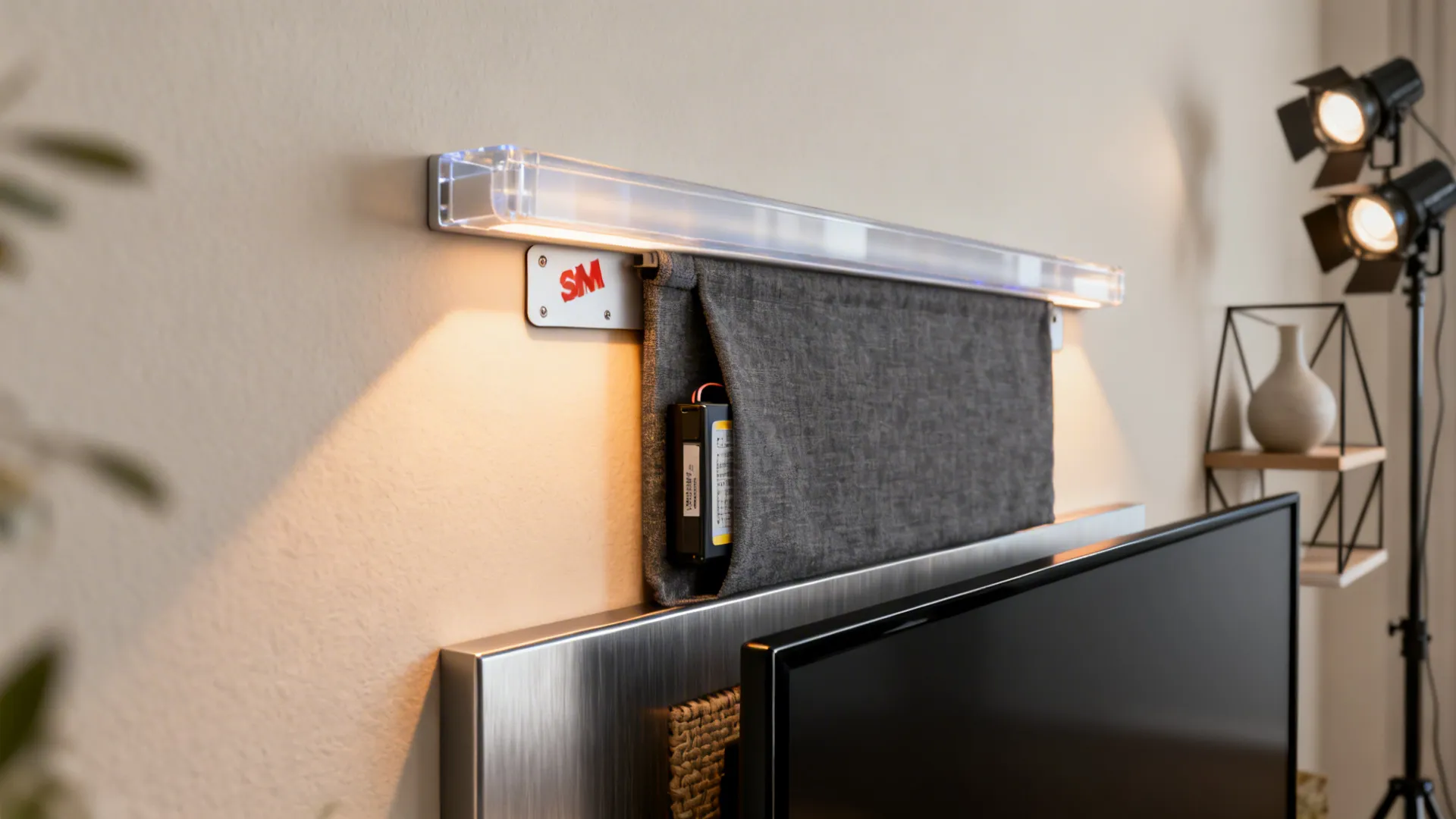 Slim magnetic LED panel above a TV with a hidden battery pack and warm dimmed light.