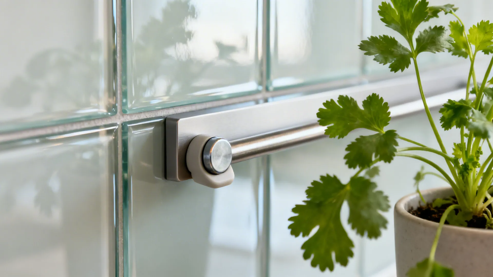 Macro of a magnetic ledge on a glass backsplash securely holding a small herb pot with cilantro.