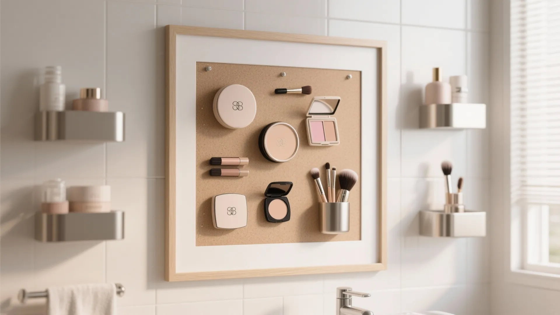 Magnetic makeup board on bathroom wall with various cosmetic products brushes and a wooden frame