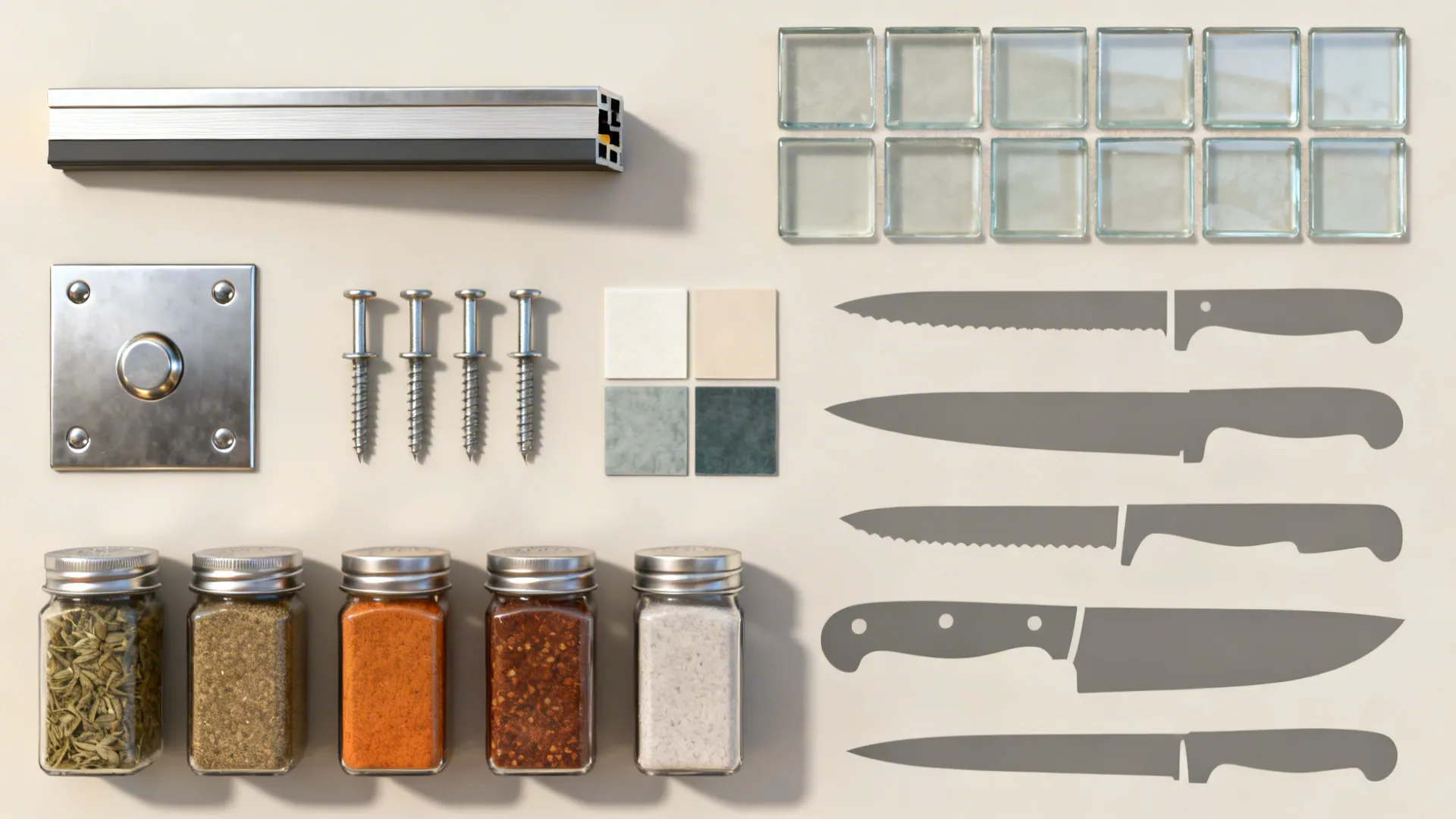 Flat lay of neodymium magnet strip components, anchors, glass tile sample, spice tins, and knife shapes.
