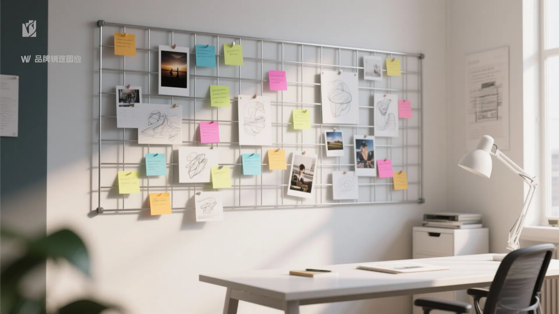 Metal grid wall organizer with colorful sticky notes and sketches above a white office desk