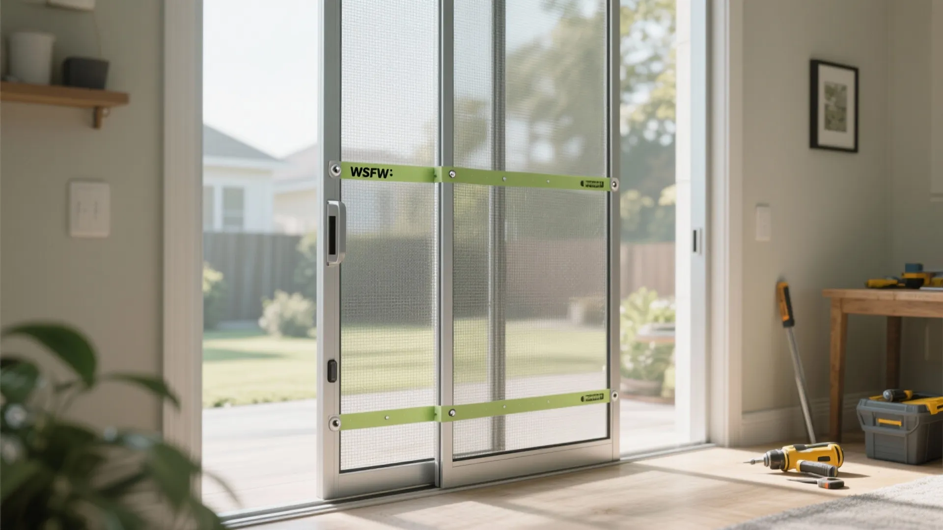 Sliding glass door with green magnetic screen mesh strips and power tools on the floor