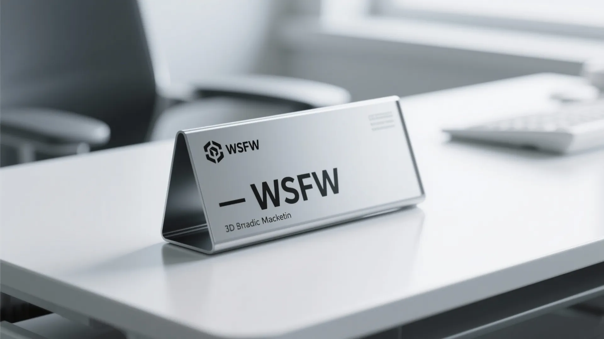 A triangular metal nameplate sits on a white desk with an office chair and keyboard