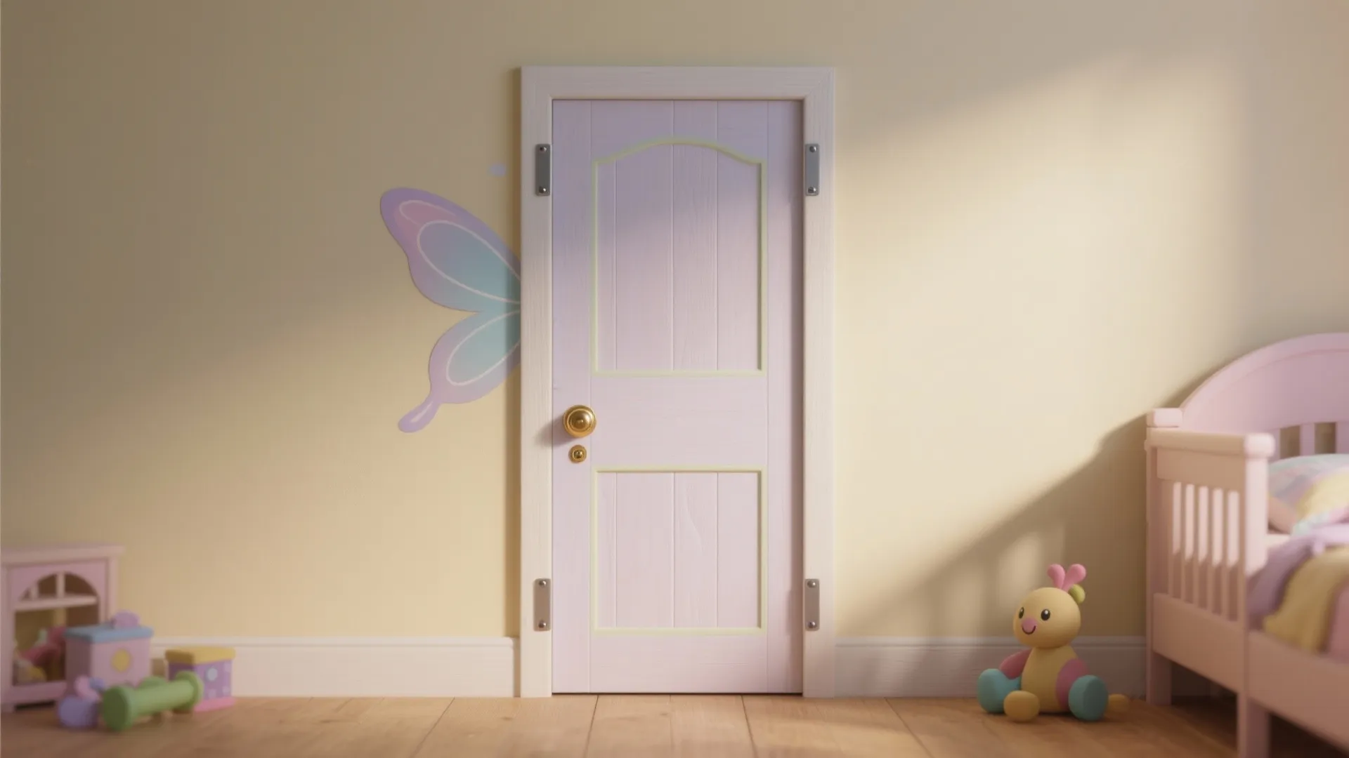 Pink miniature door on cream wall in a kids room with butterfly wing wall sticker