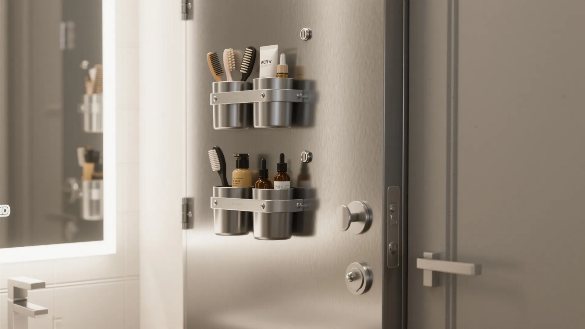 Magnetic bins and strips on a metal cabinet door storing grooming tools and small bottles