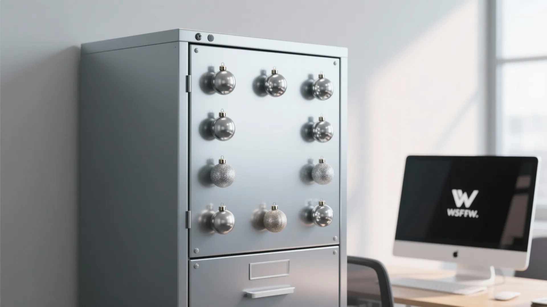 Metal storage cabinet in an office decorated with silver holiday ornaments in a square pattern