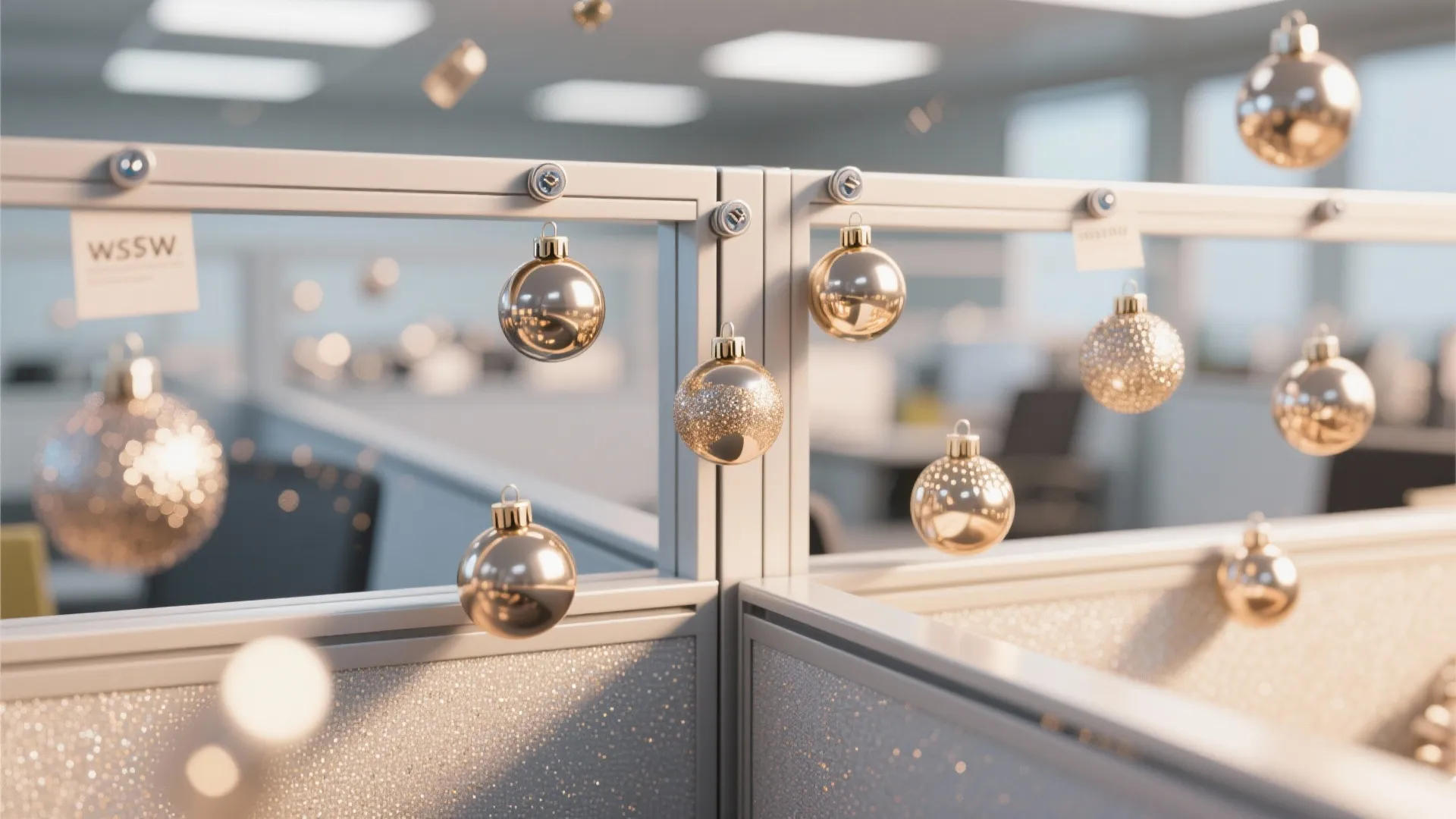 Gold shiny Christmas ball ornaments hanging from grey office cubicle partitions in a bright workspace