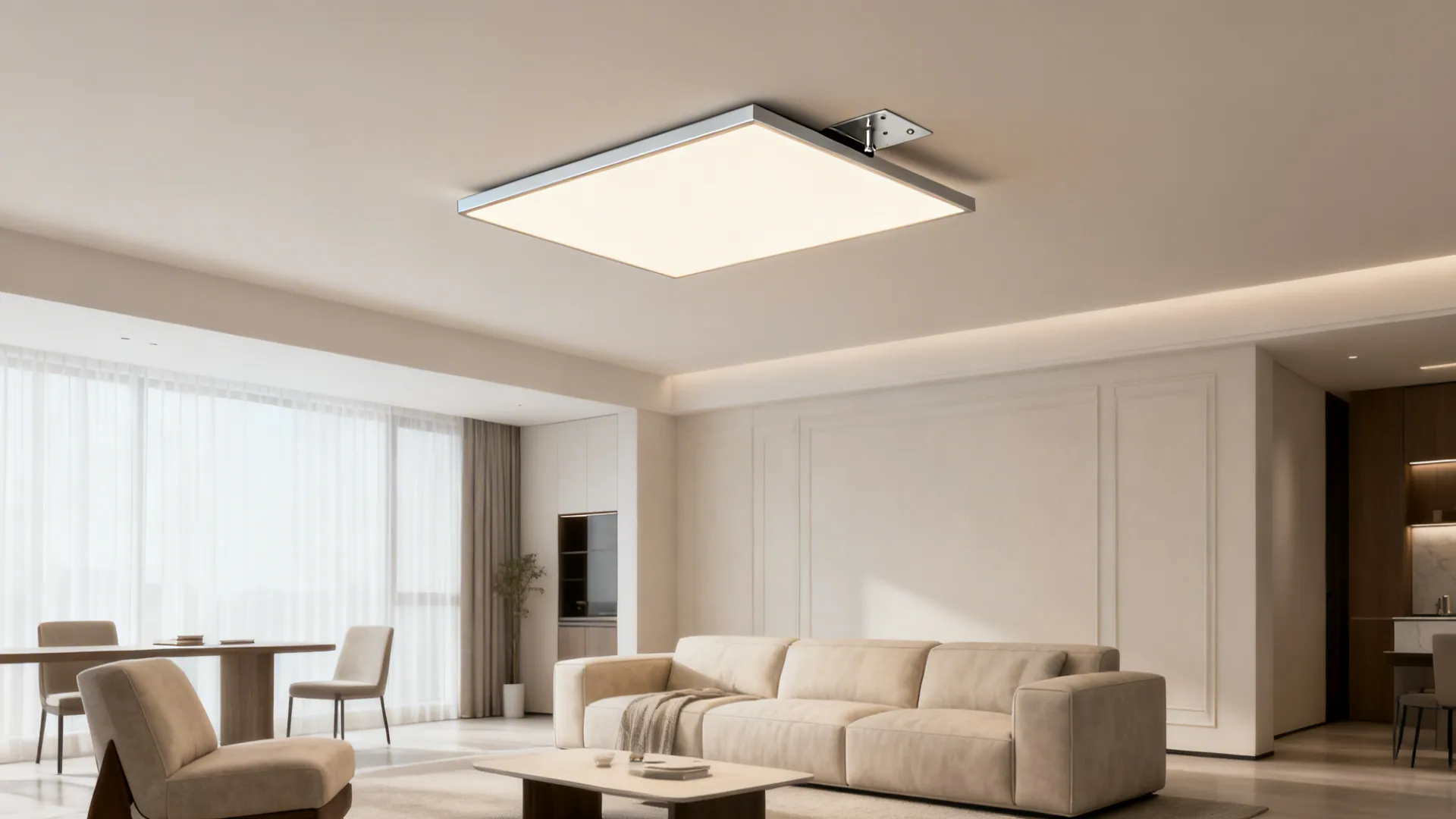 Modern magnetic flush-mounted panel on a living room ceiling, panel slightly removed to show mount.