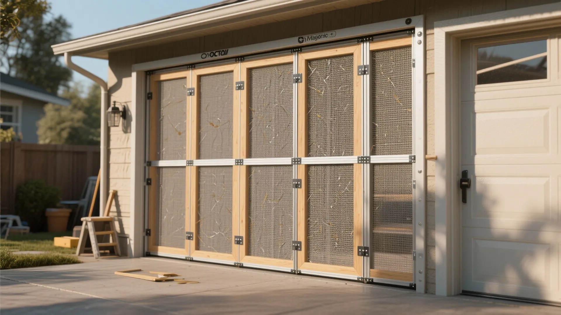 Large garage door with magnetic screen panels and wooden frames on a sunny outdoor driveway
