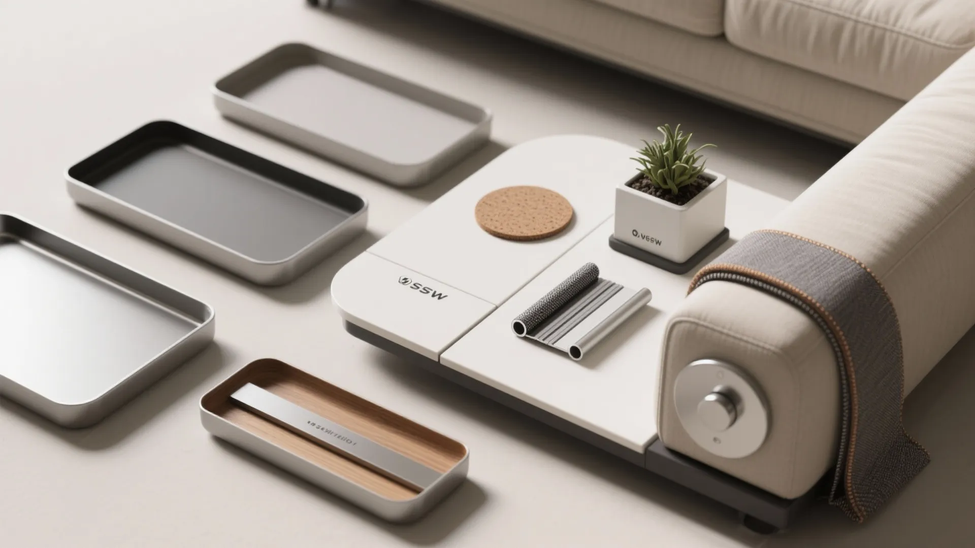 Flatlay of magnetic modular panels, a mini planter, coaster and magnet strips for swap-and-click sofa arm accessories.