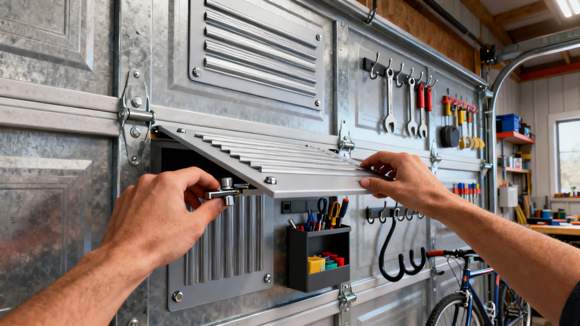 Hands fixing a magnetic panel on a metal wall with tools hanging in a garage