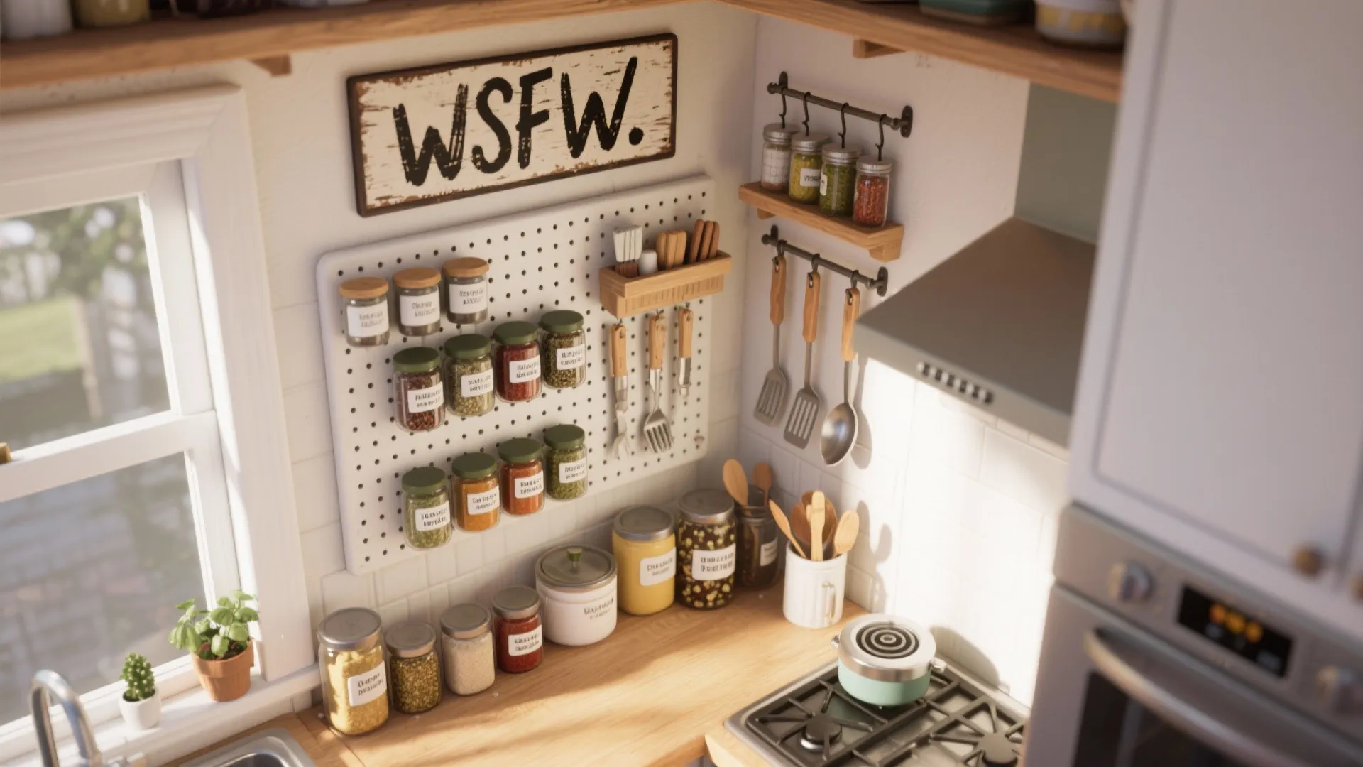 Kitchen wall with white pegboard holding spice jars wooden utensils and a rustic wall sign