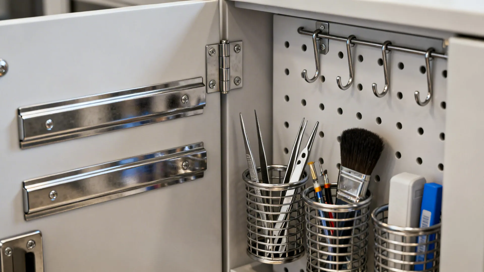 White cabinet door with metal magnetic strips and pegboard organizer holding brushes and various tools